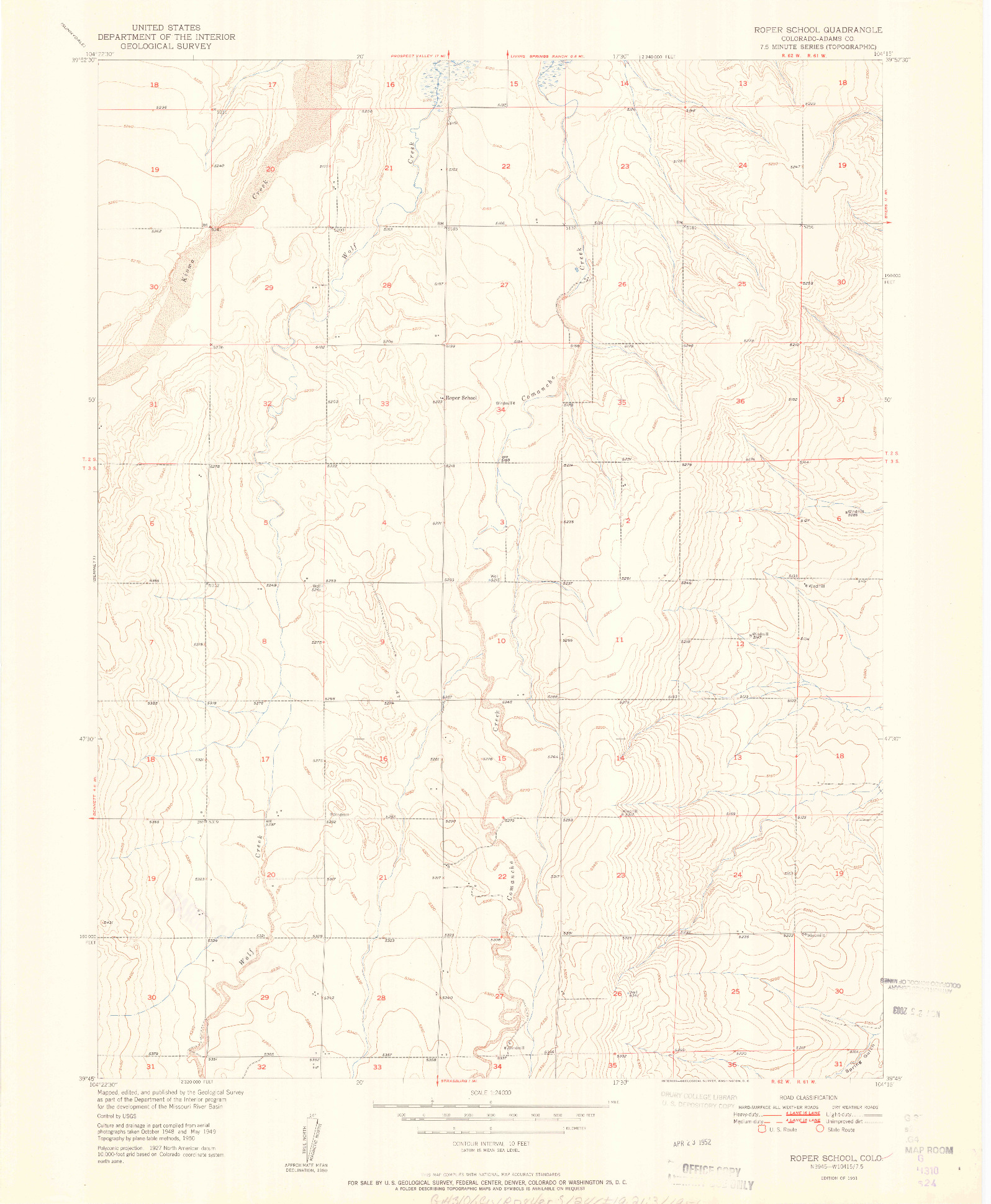 USGS 1:24000-SCALE QUADRANGLE FOR ROPER SCHOOL, CO 1951