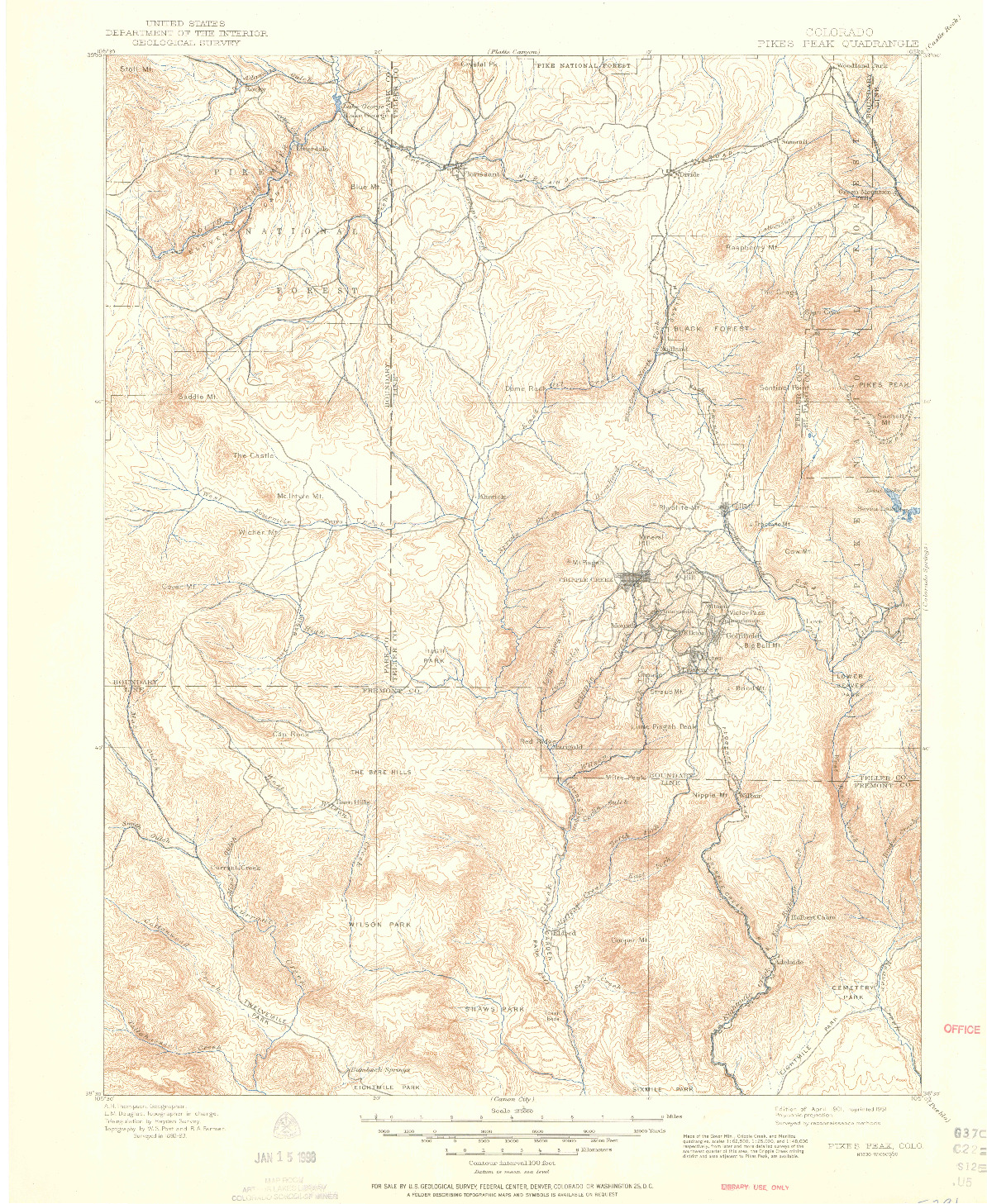 USGS 1:125000-SCALE QUADRANGLE FOR PIKES PEAK, CO 1901