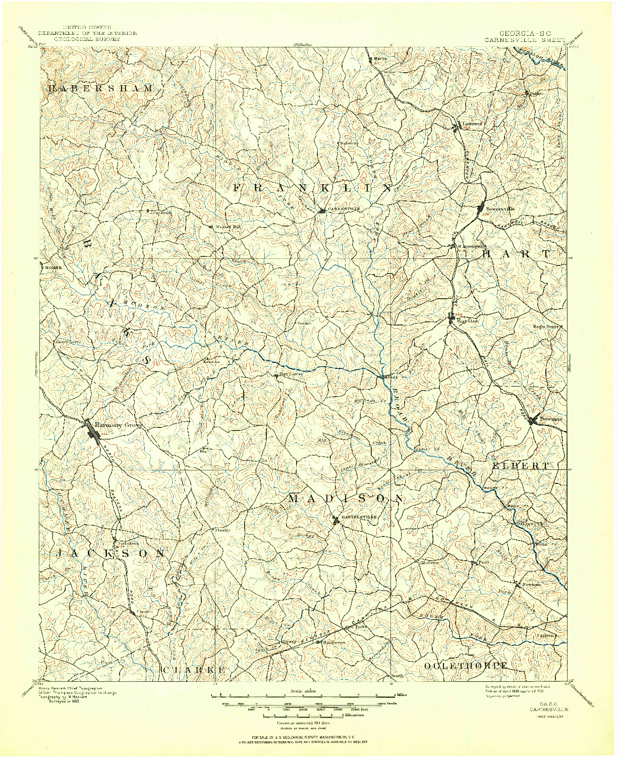 USGS 1:125000-SCALE QUADRANGLE FOR CARNESVILLE, GA 1891