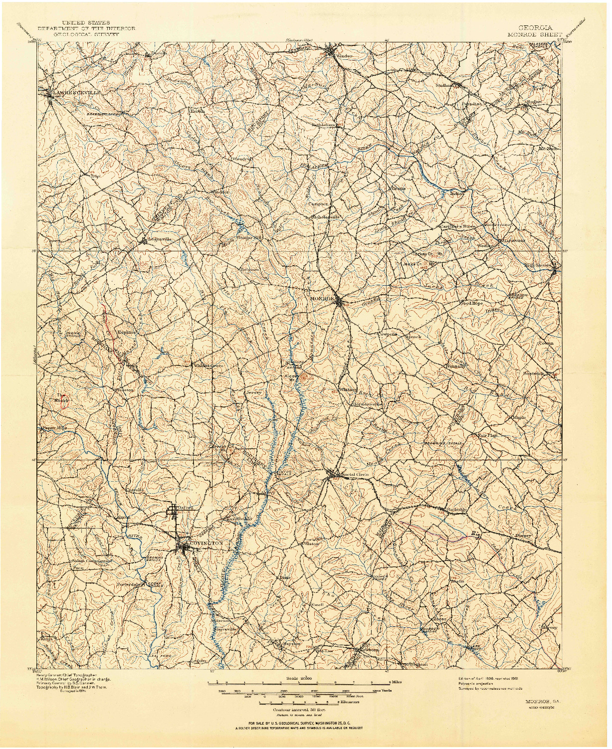 USGS 1:125000-SCALE QUADRANGLE FOR MONROE, GA 1896