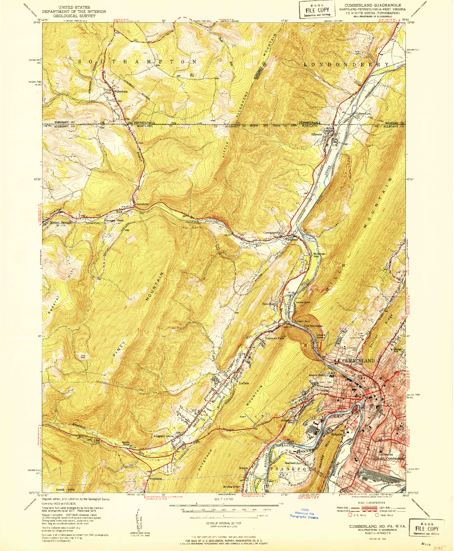 USGS 1:24000-SCALE QUADRANGLE FOR CUMBERLAND, MD 1951