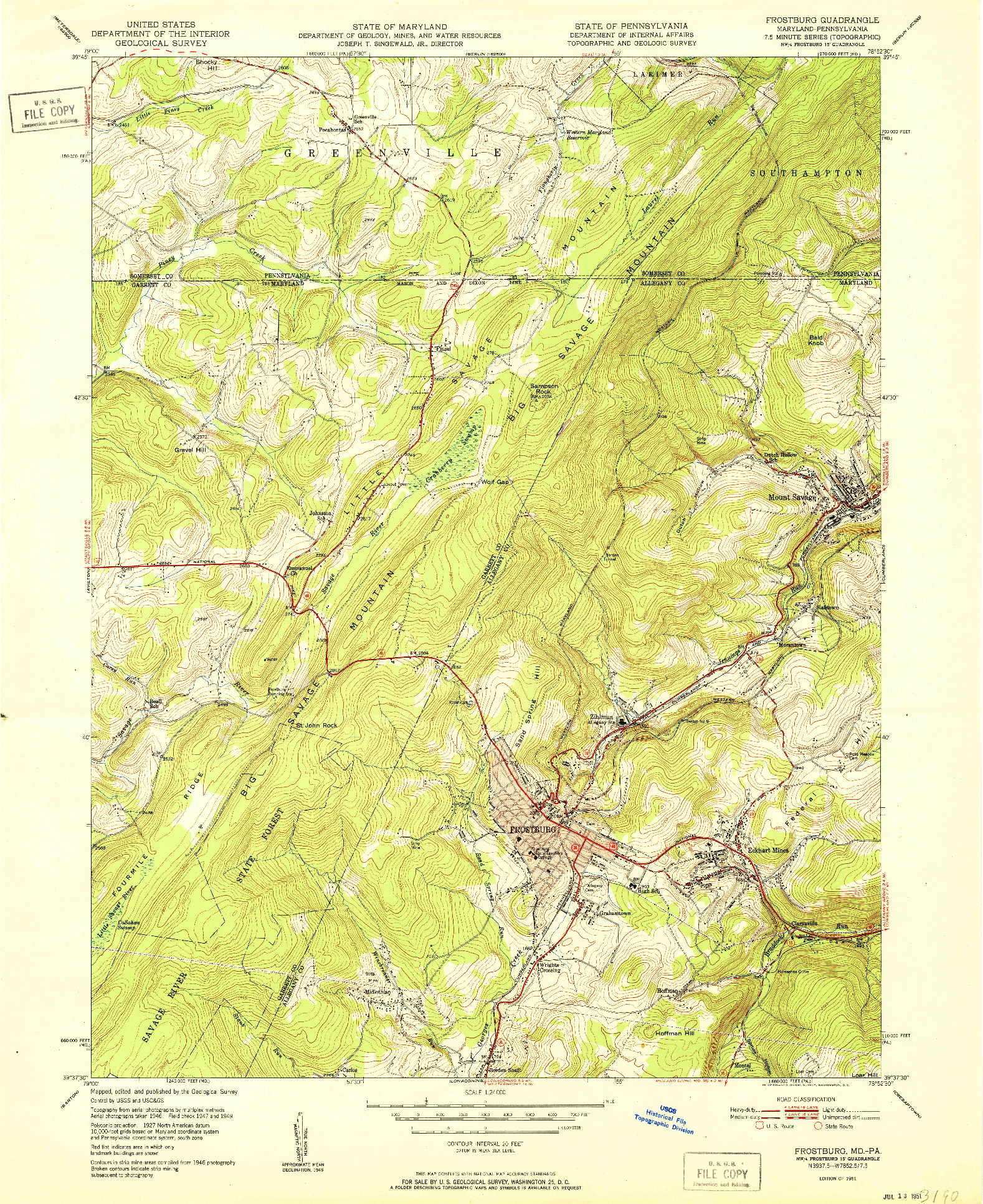 USGS 1:24000-SCALE QUADRANGLE FOR FROSTBURG, MD 1951