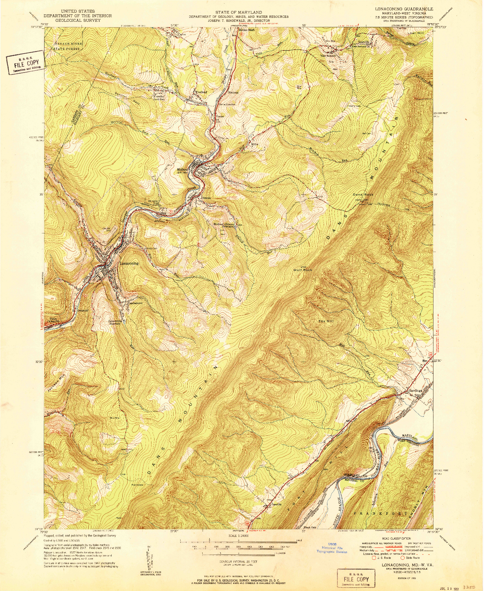 USGS 1:24000-SCALE QUADRANGLE FOR LONACONING, MD 1951