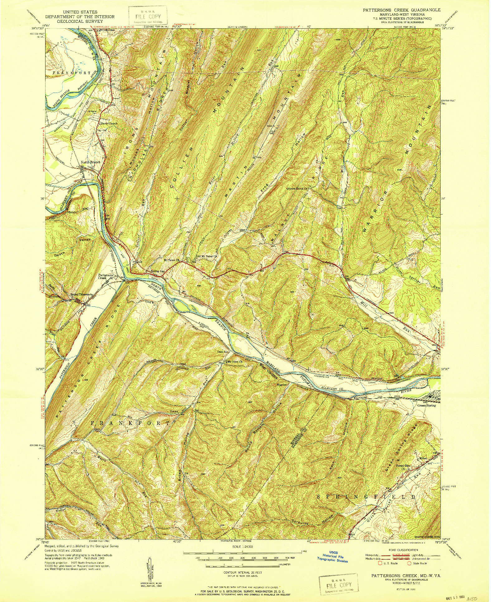 USGS 1:24000-SCALE QUADRANGLE FOR PATTERSON CREEK, MD 1951