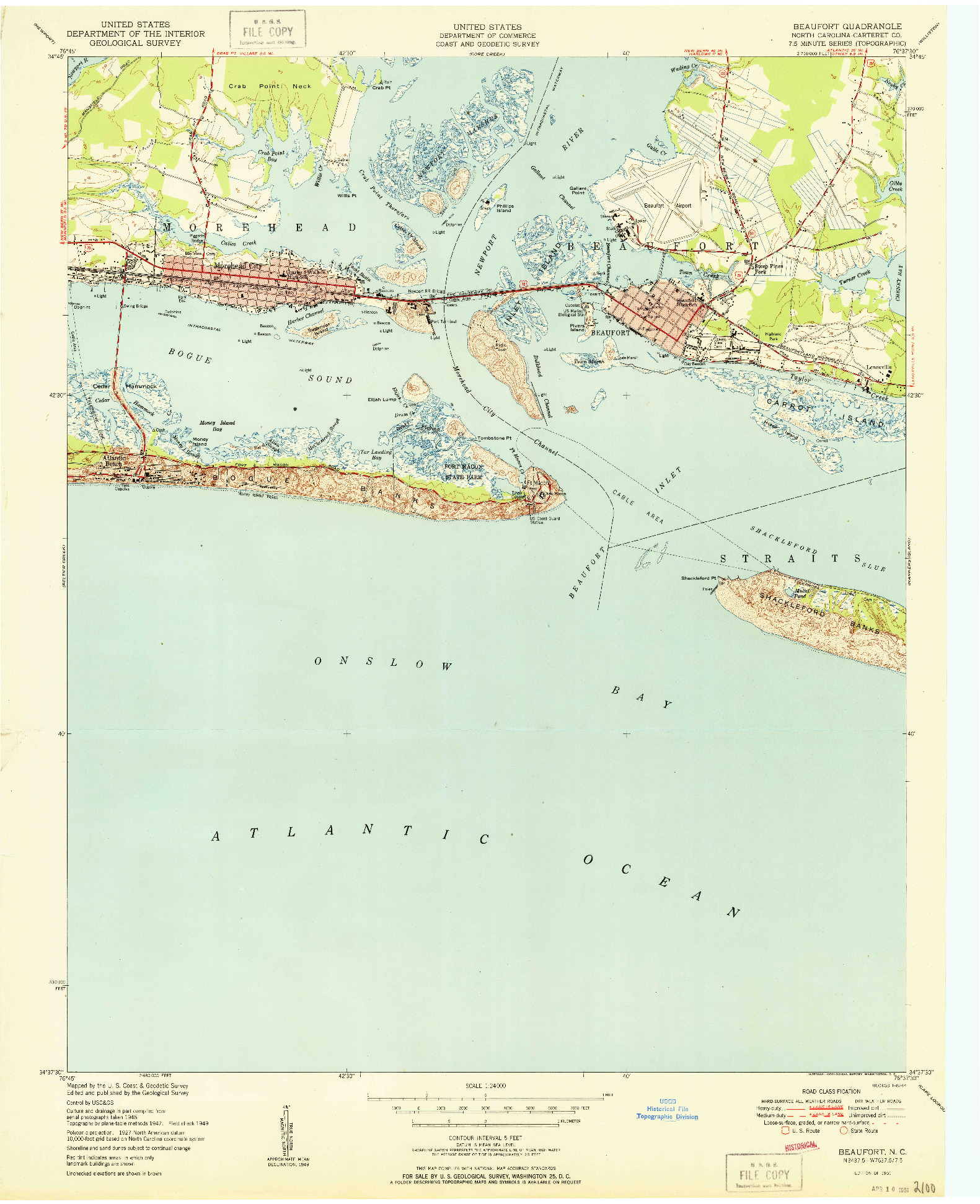USGS 1:24000-SCALE QUADRANGLE FOR BEAUFORT, NC 1951