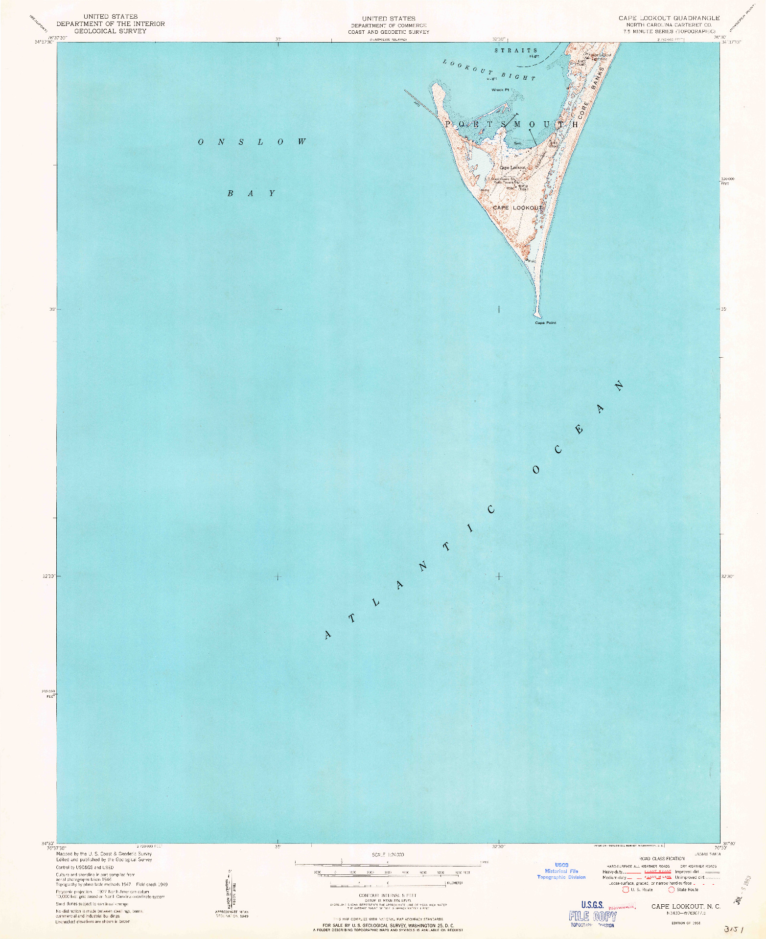 USGS 1:24000-SCALE QUADRANGLE FOR CAPE LOOKOUT, NC 1951