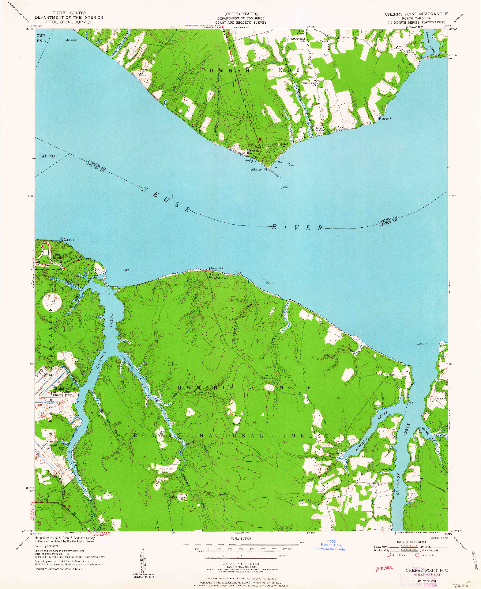 USGS 1:24000-SCALE QUADRANGLE FOR CHERRY POINT, NC 1951