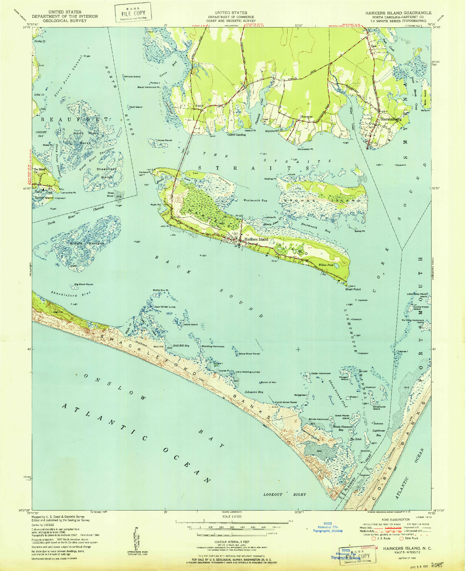 USGS 1:24000-SCALE QUADRANGLE FOR HARKERS ISLAND, NC 1951