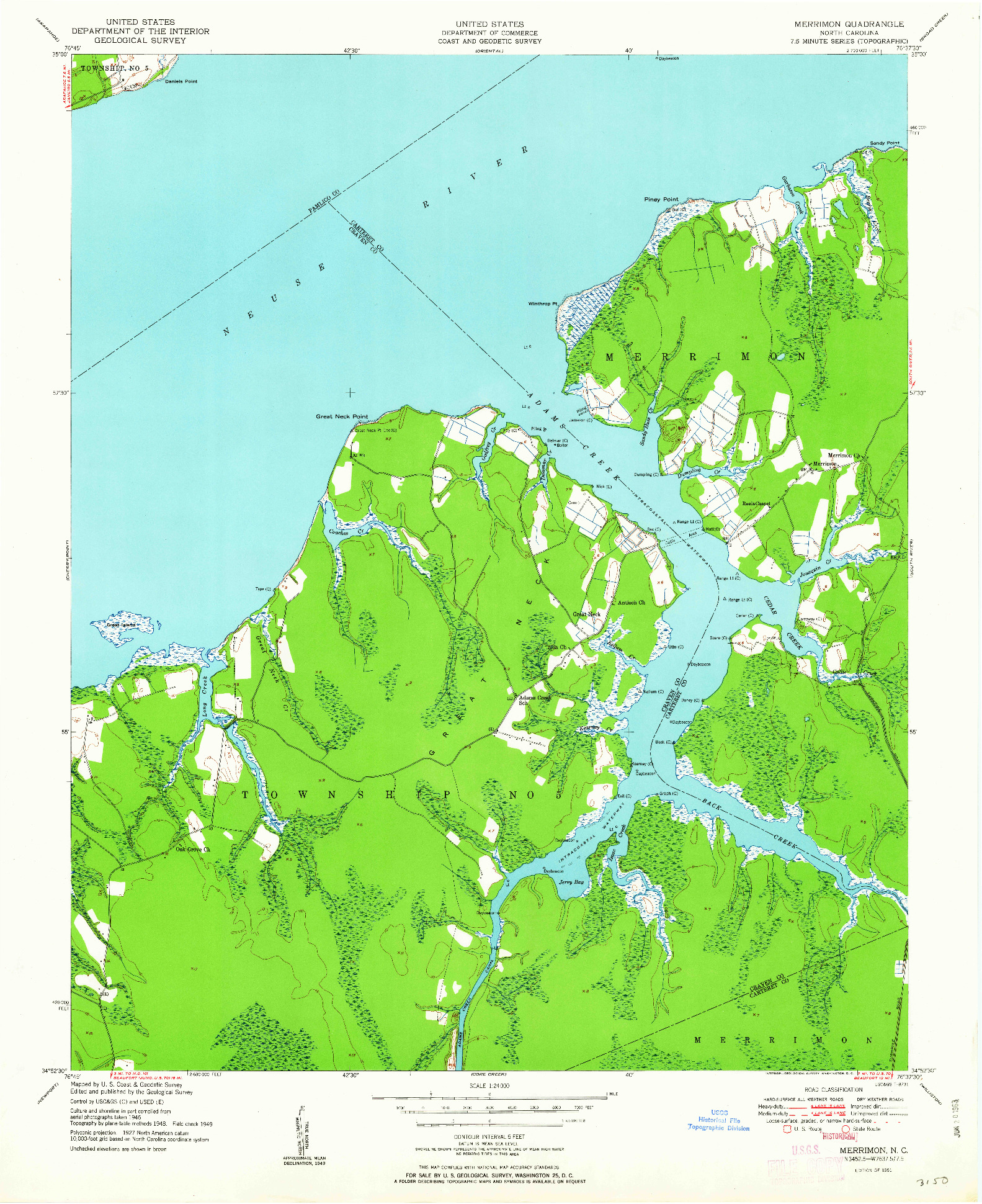 USGS 1:24000-SCALE QUADRANGLE FOR MERRIMON, NC 1951