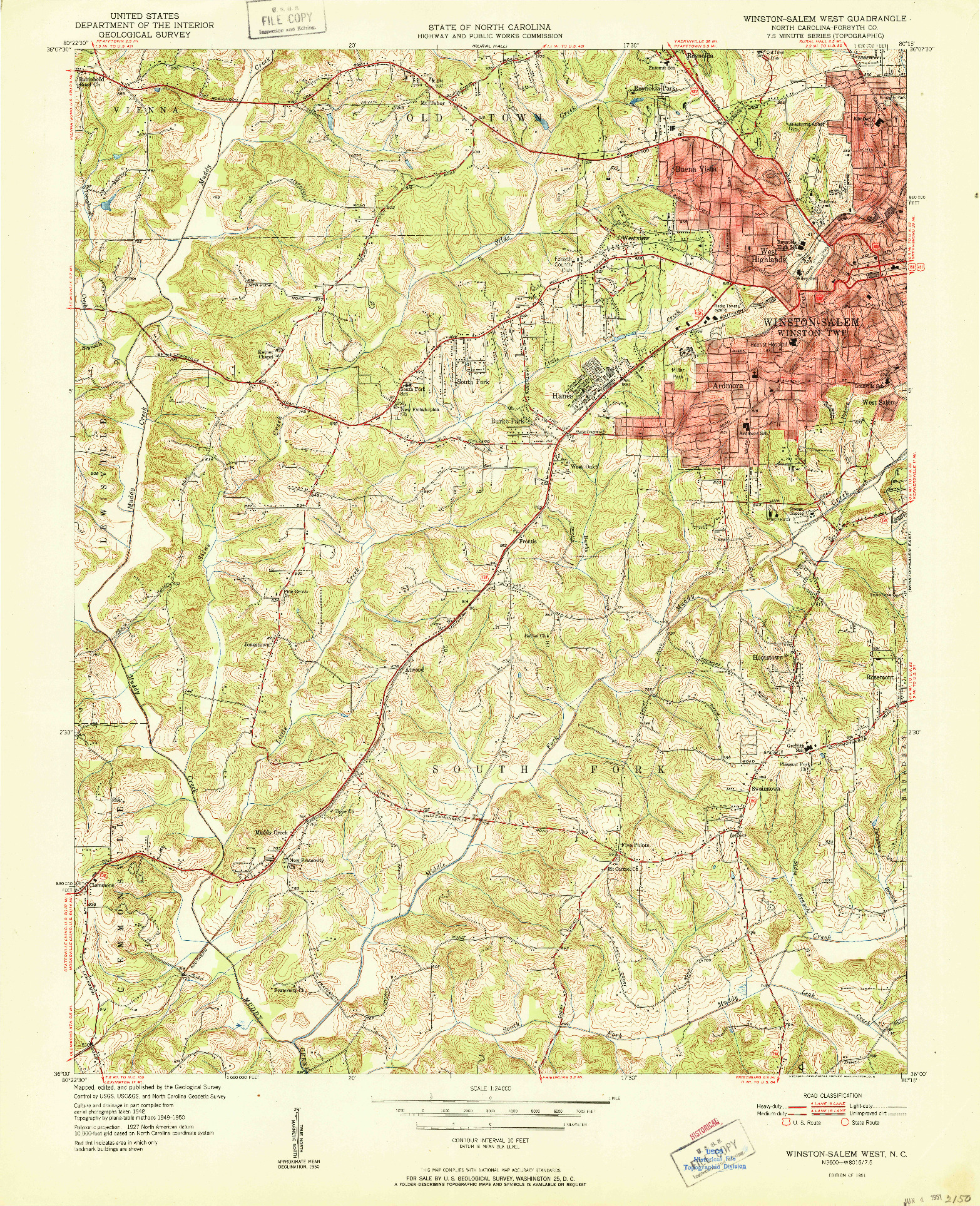 USGS 1:24000-SCALE QUADRANGLE FOR WINSTON-SALEM WEST, NC 1951