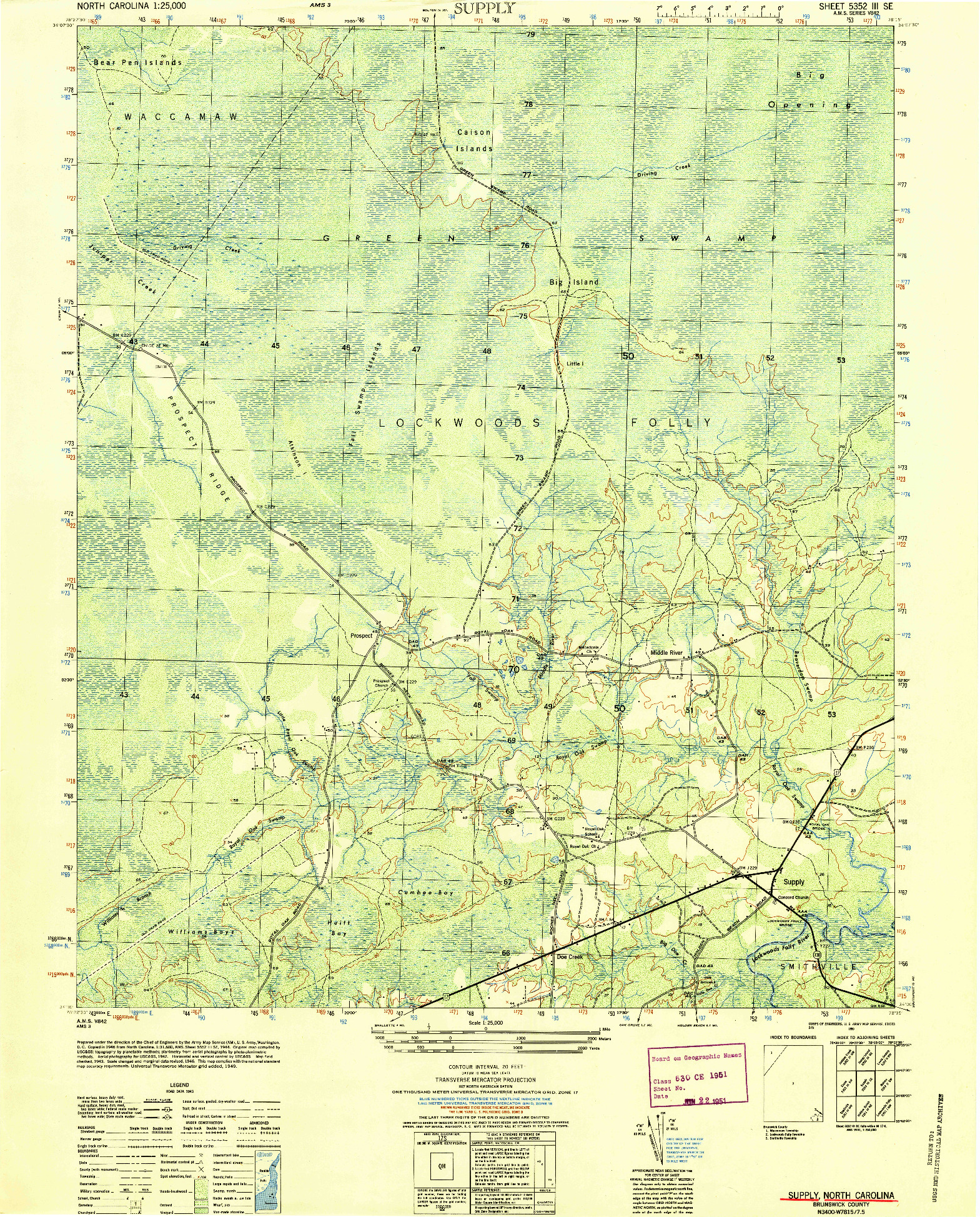 USGS 1:25000-SCALE QUADRANGLE FOR SUPPLY, NC 1950