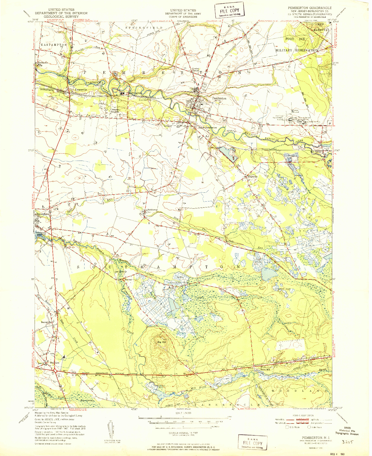 USGS 1:24000-SCALE QUADRANGLE FOR PEMBERTON, NJ 1951