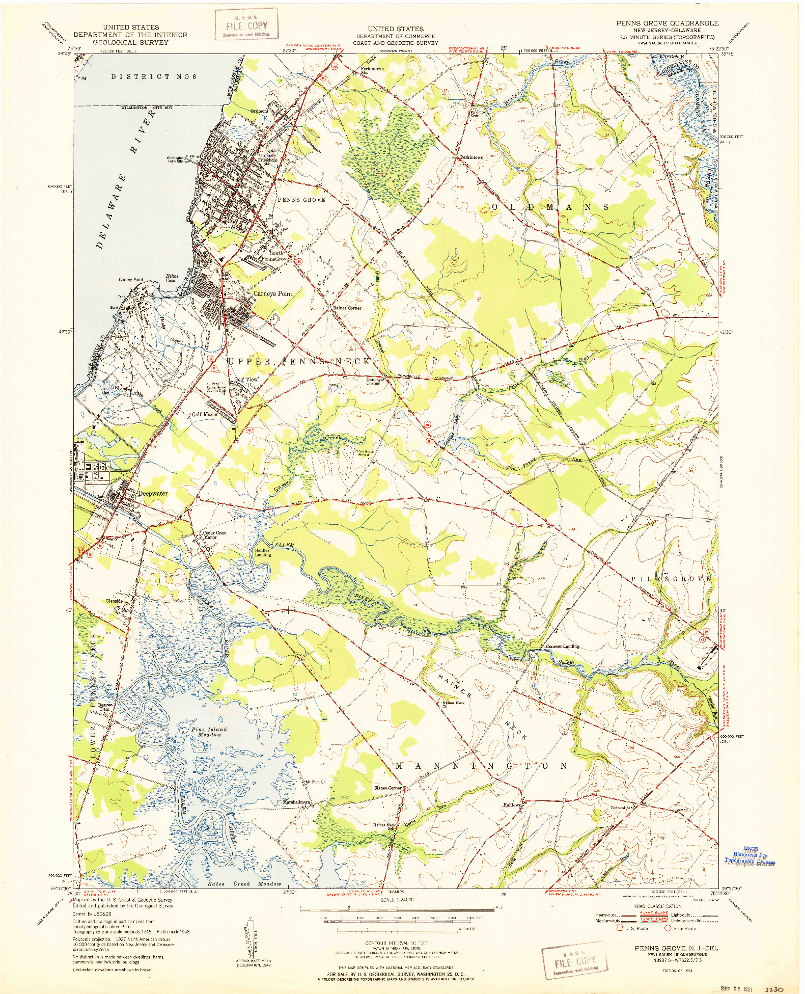 USGS 1:24000-SCALE QUADRANGLE FOR PENNS GROVE, NJ 1951