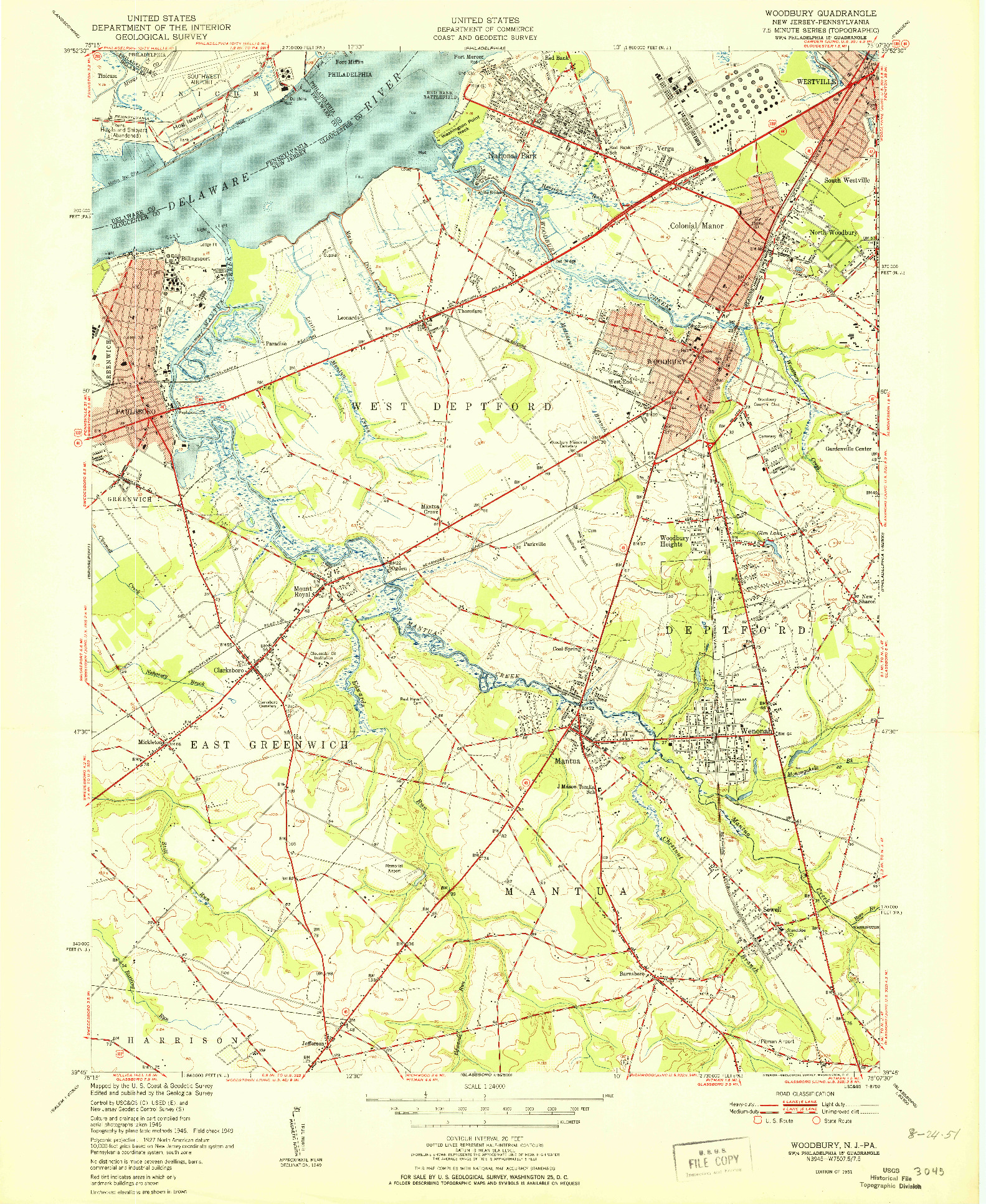USGS 1:24000-SCALE QUADRANGLE FOR WOODBURY, NJ 1951