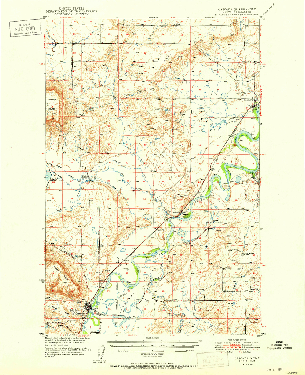 USGS 1:62500-SCALE QUADRANGLE FOR CASCADE, MT 1951