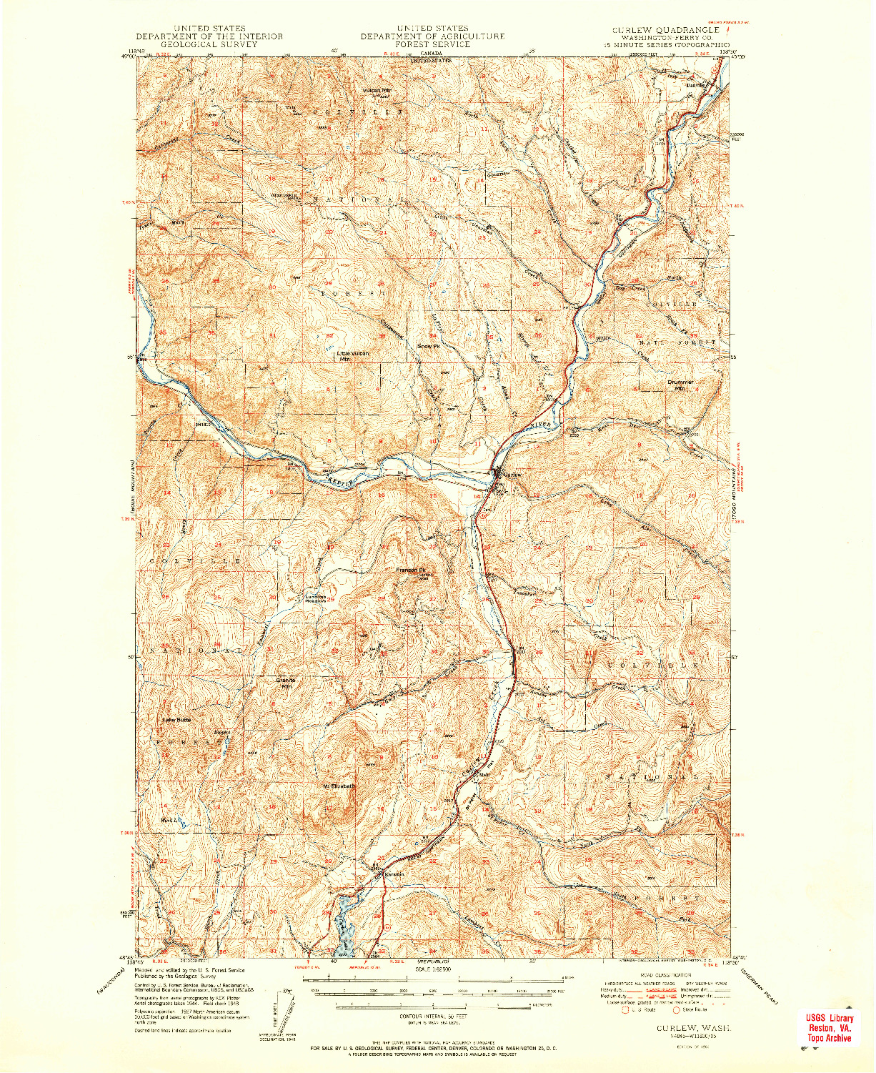USGS 1:62500-SCALE QUADRANGLE FOR CURLEW, WA 1951
