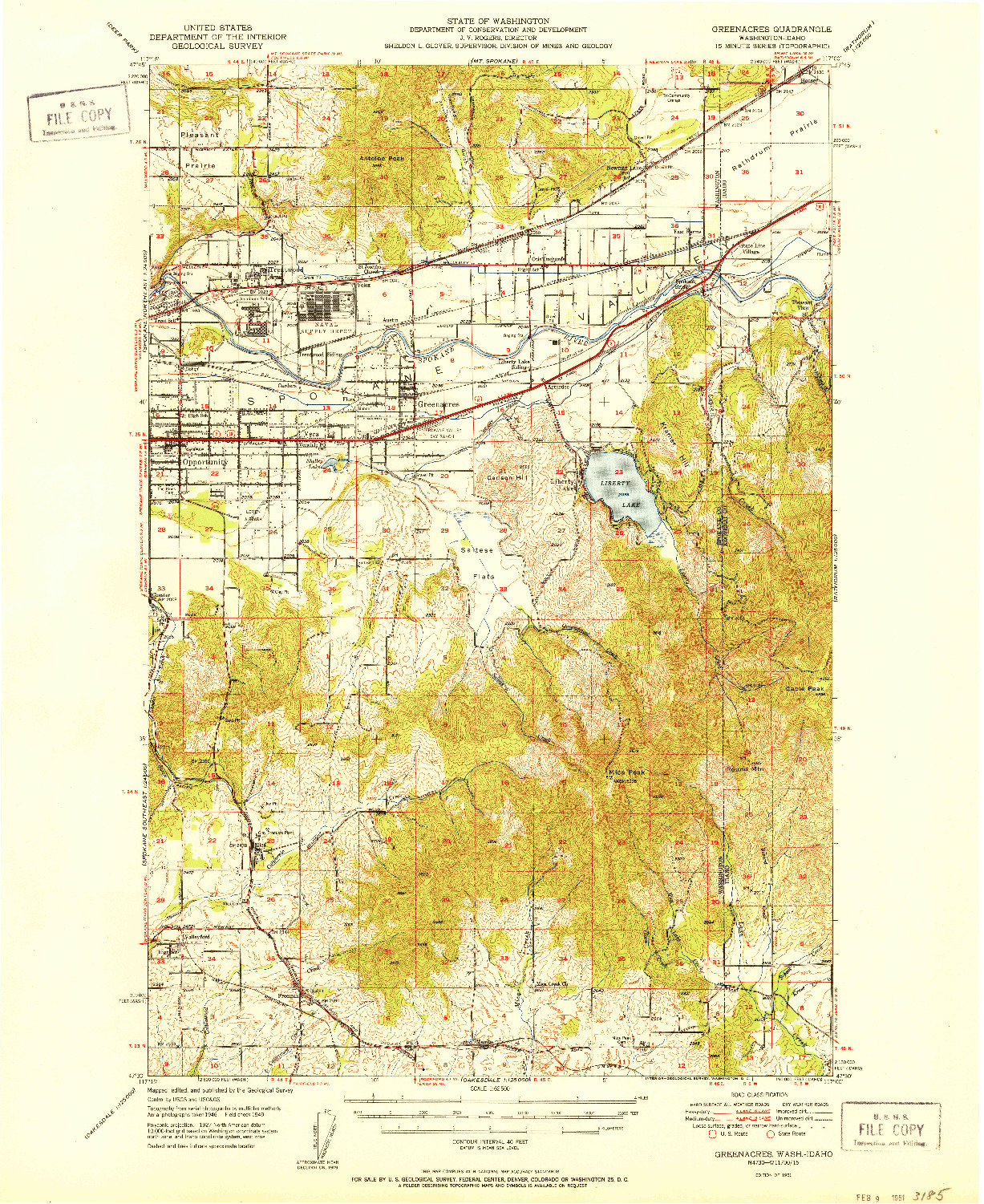 USGS 1:62500-SCALE QUADRANGLE FOR GREENACRES, WA 1951