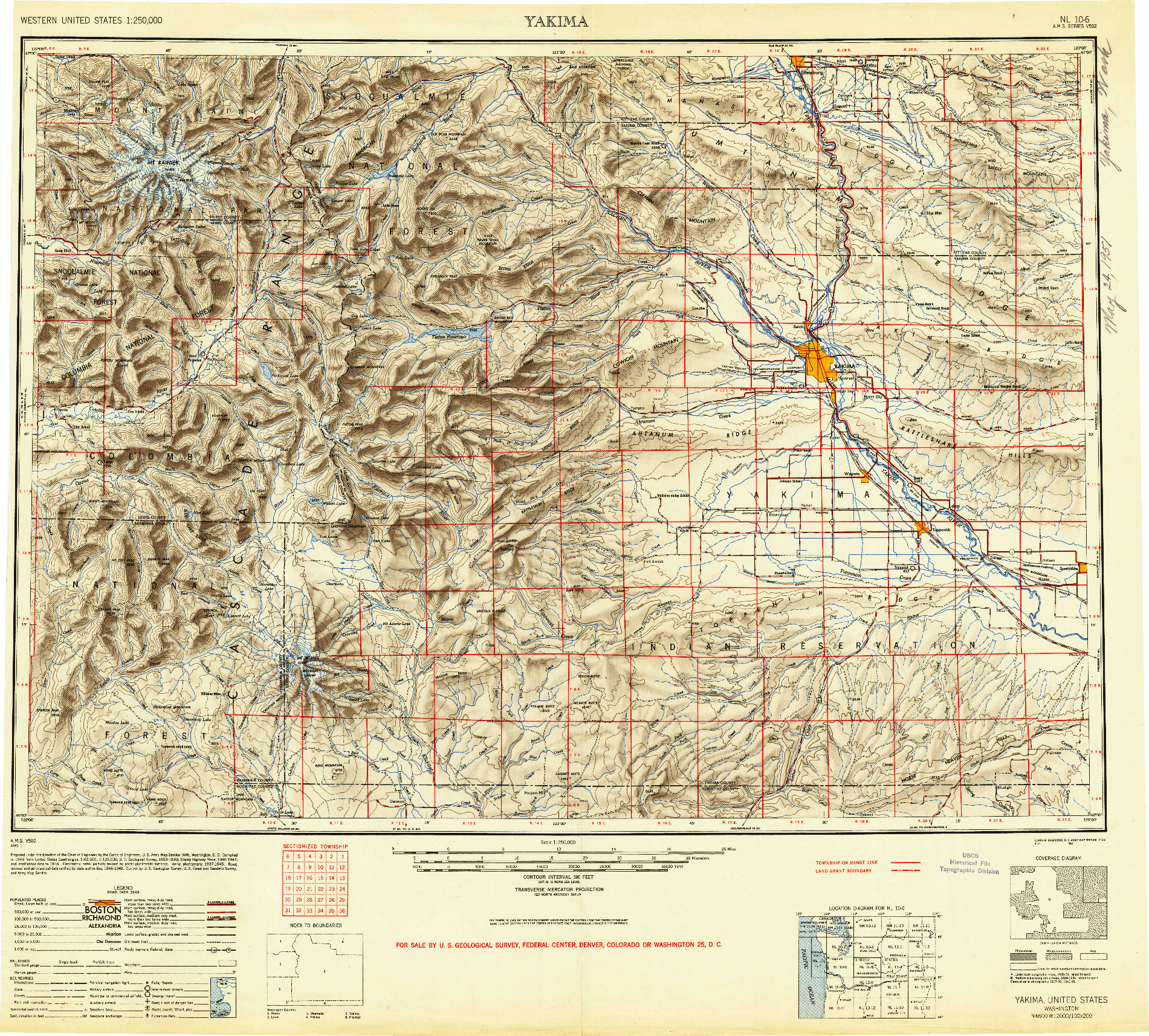USGS 1:250000-SCALE QUADRANGLE FOR YAKIMA, WA 1950