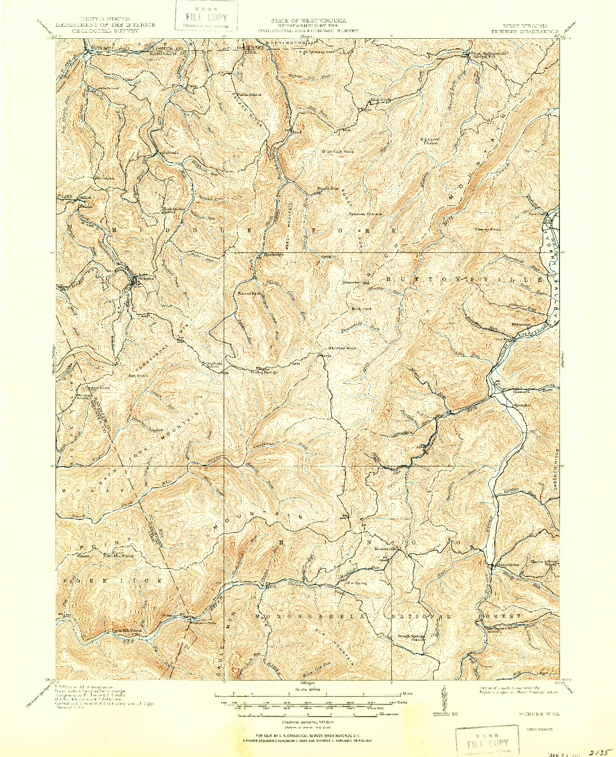 USGS 1:62500-SCALE QUADRANGLE FOR PICKENS, WV 1915