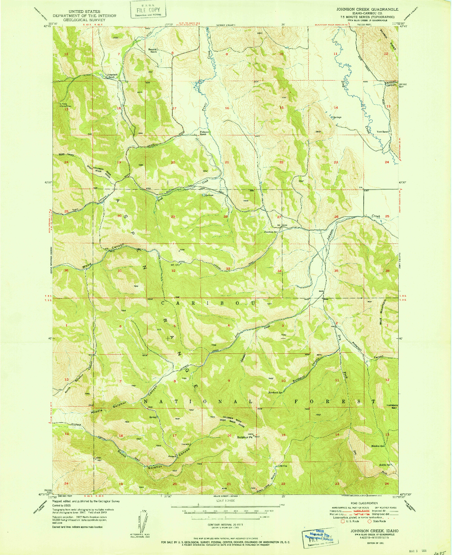 USGS 1:24000-SCALE QUADRANGLE FOR JOHNSON CREEK, ID 1951