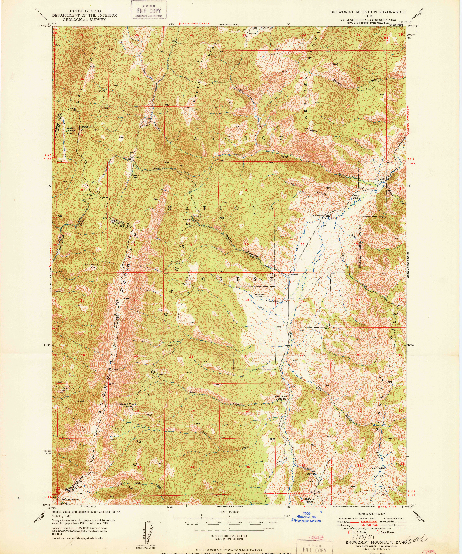 USGS 1:24000-SCALE QUADRANGLE FOR SNOWDRIFT MOUNTAIN, ID 1951