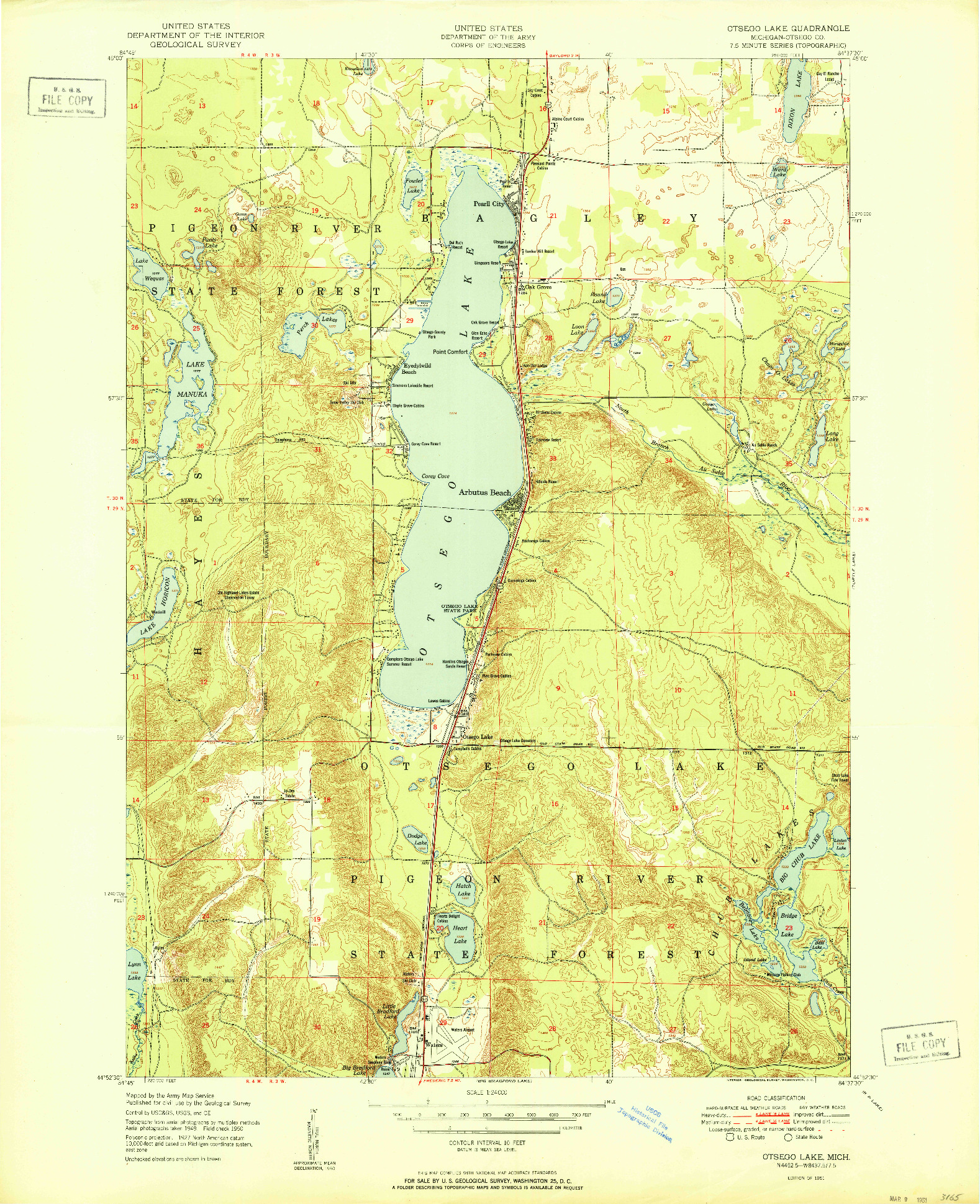 USGS 1:24000-SCALE QUADRANGLE FOR OTSEGO LAKE, MI 1951
