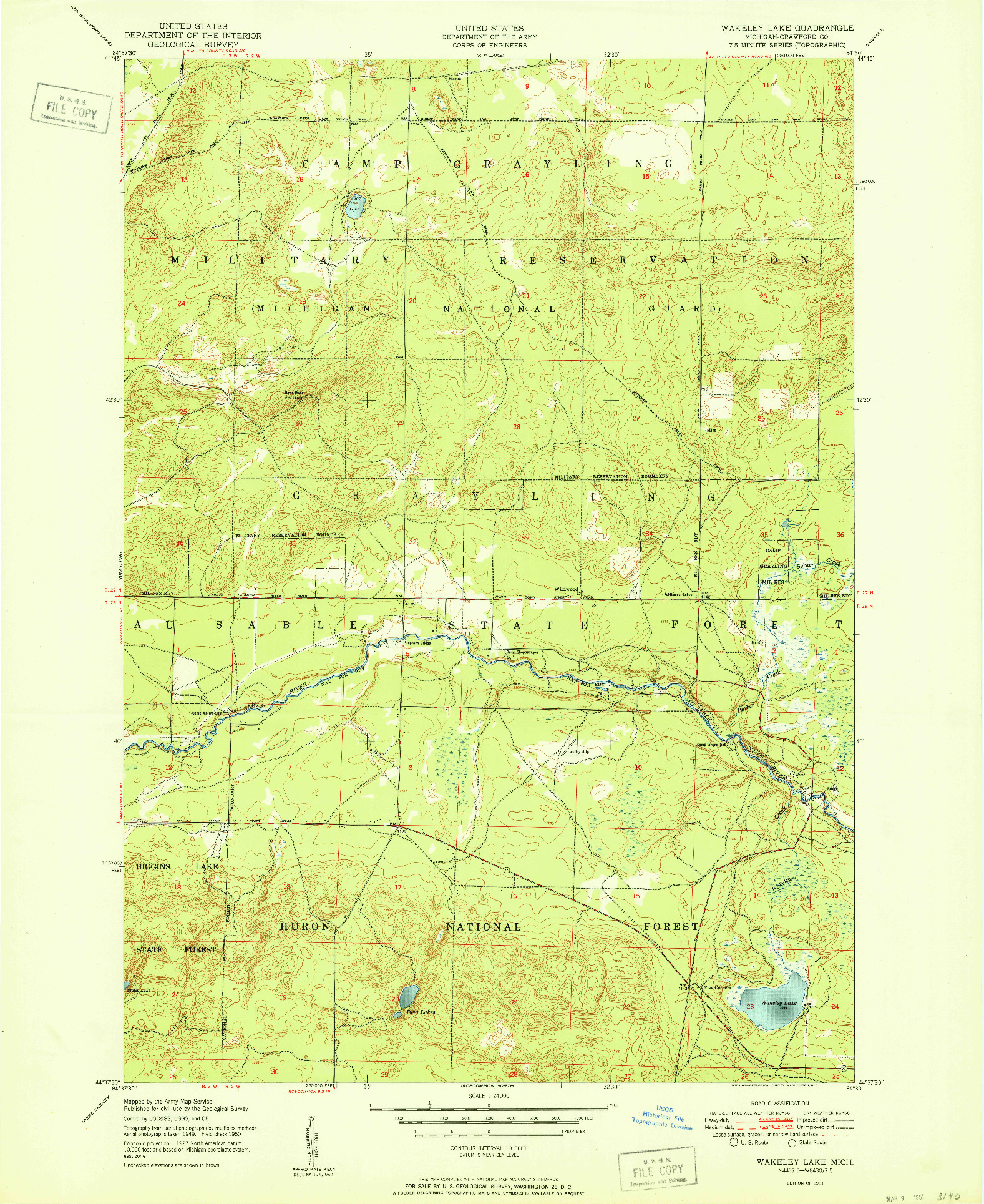 USGS 1:24000-SCALE QUADRANGLE FOR WAKELEY LAKE, MI 1951