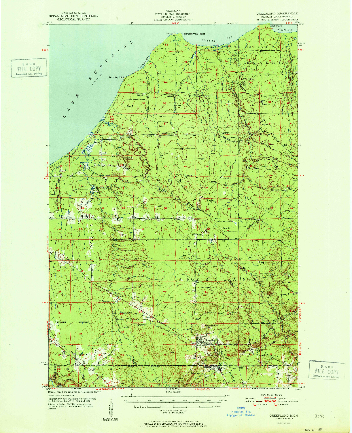 USGS 1:62500-SCALE QUADRANGLE FOR GREENLAND, MI 1951