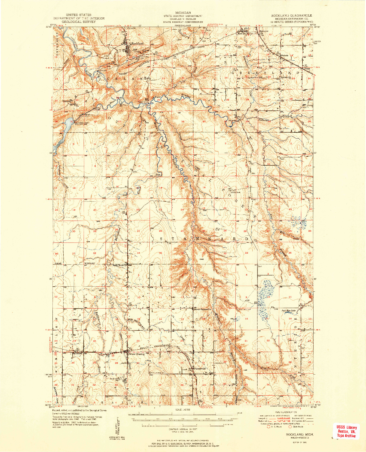 USGS 1:62500-SCALE QUADRANGLE FOR ROCKLAND, MI 1951