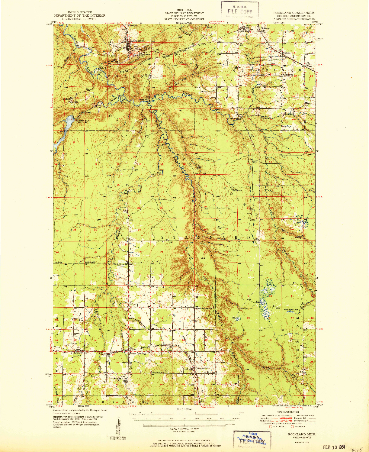 USGS 1:62500-SCALE QUADRANGLE FOR ROCKLAND, MI 1951