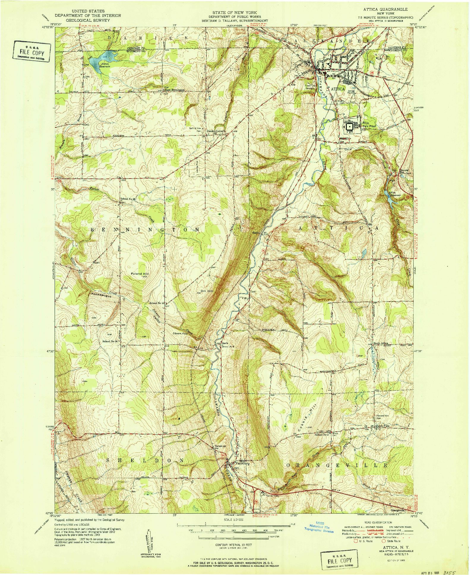 USGS 1:24000-SCALE QUADRANGLE FOR ATTICA, NY 1951