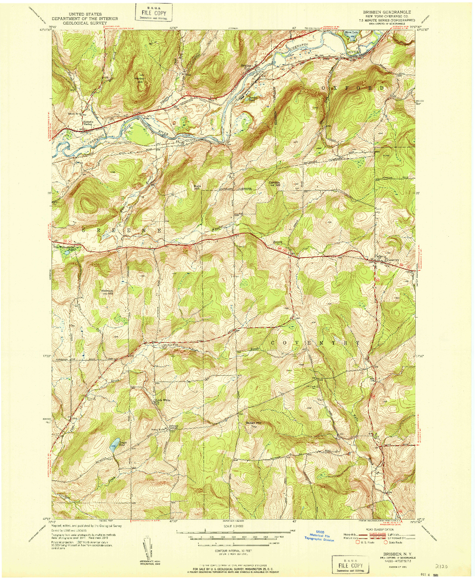 USGS 1:24000-SCALE QUADRANGLE FOR BRISBEN, NY 1951