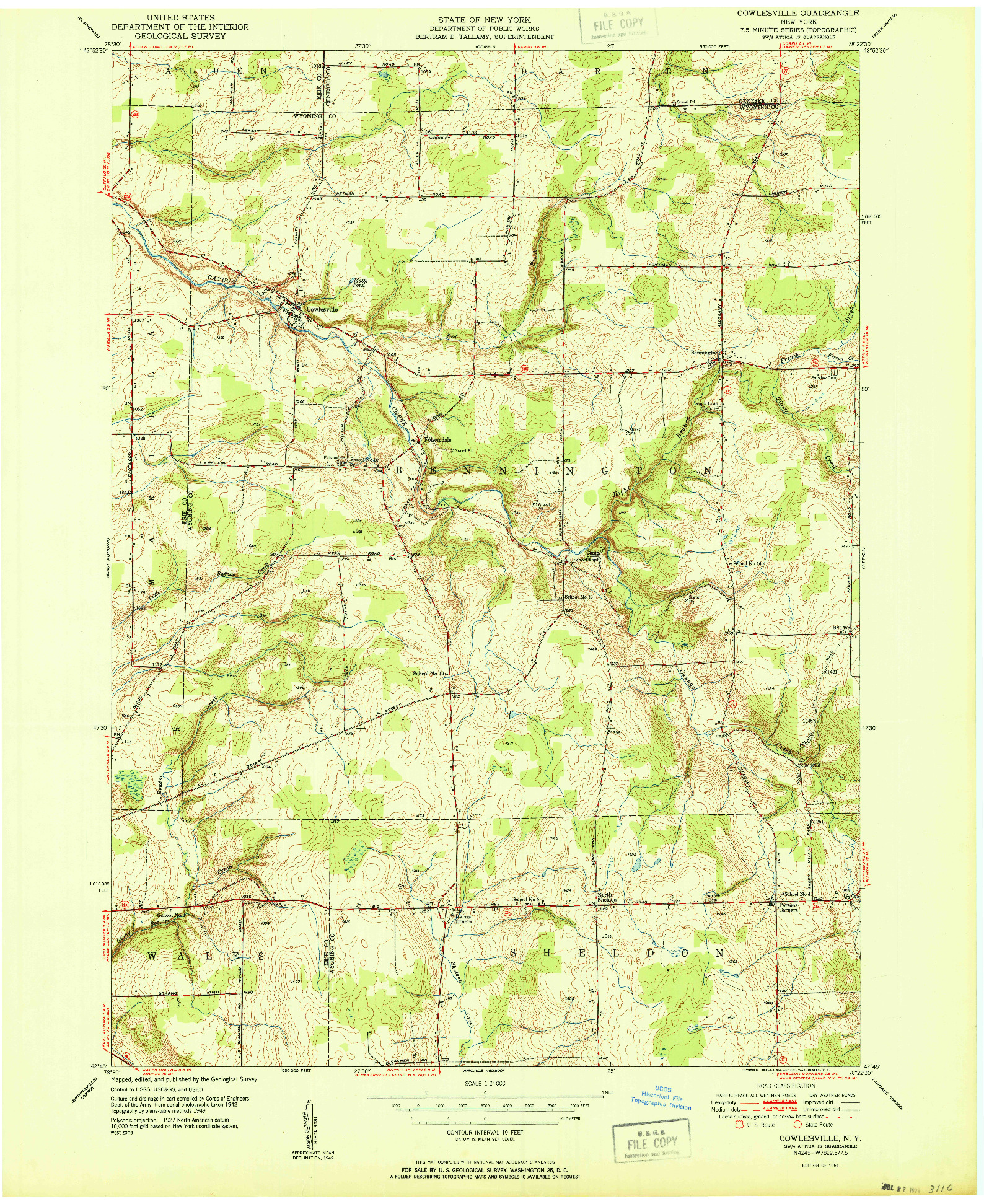 USGS 1:24000-SCALE QUADRANGLE FOR COWLESVILLE, NY 1951