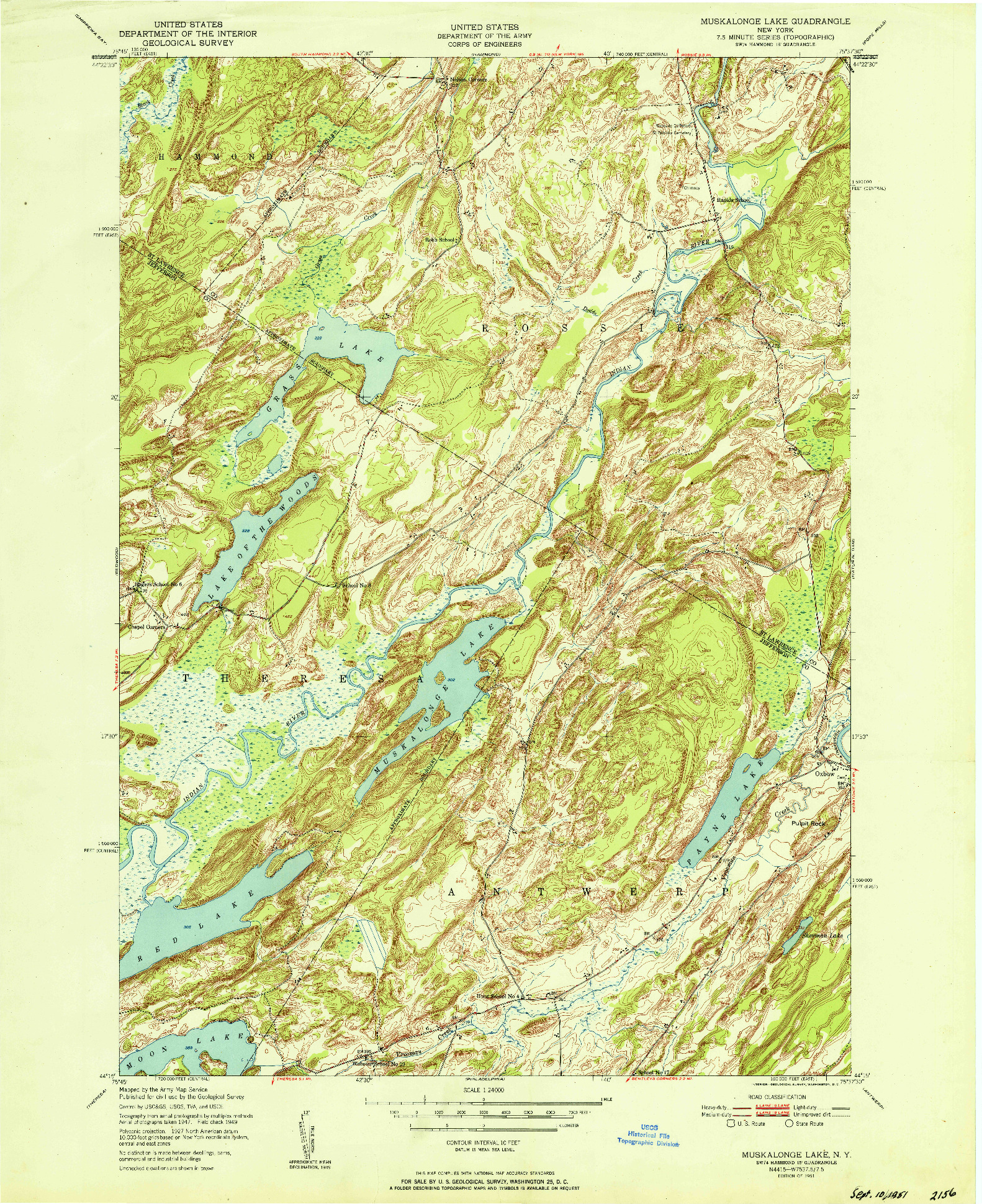 USGS 1:24000-SCALE QUADRANGLE FOR MUSKALONGE LAKE, NY 1951