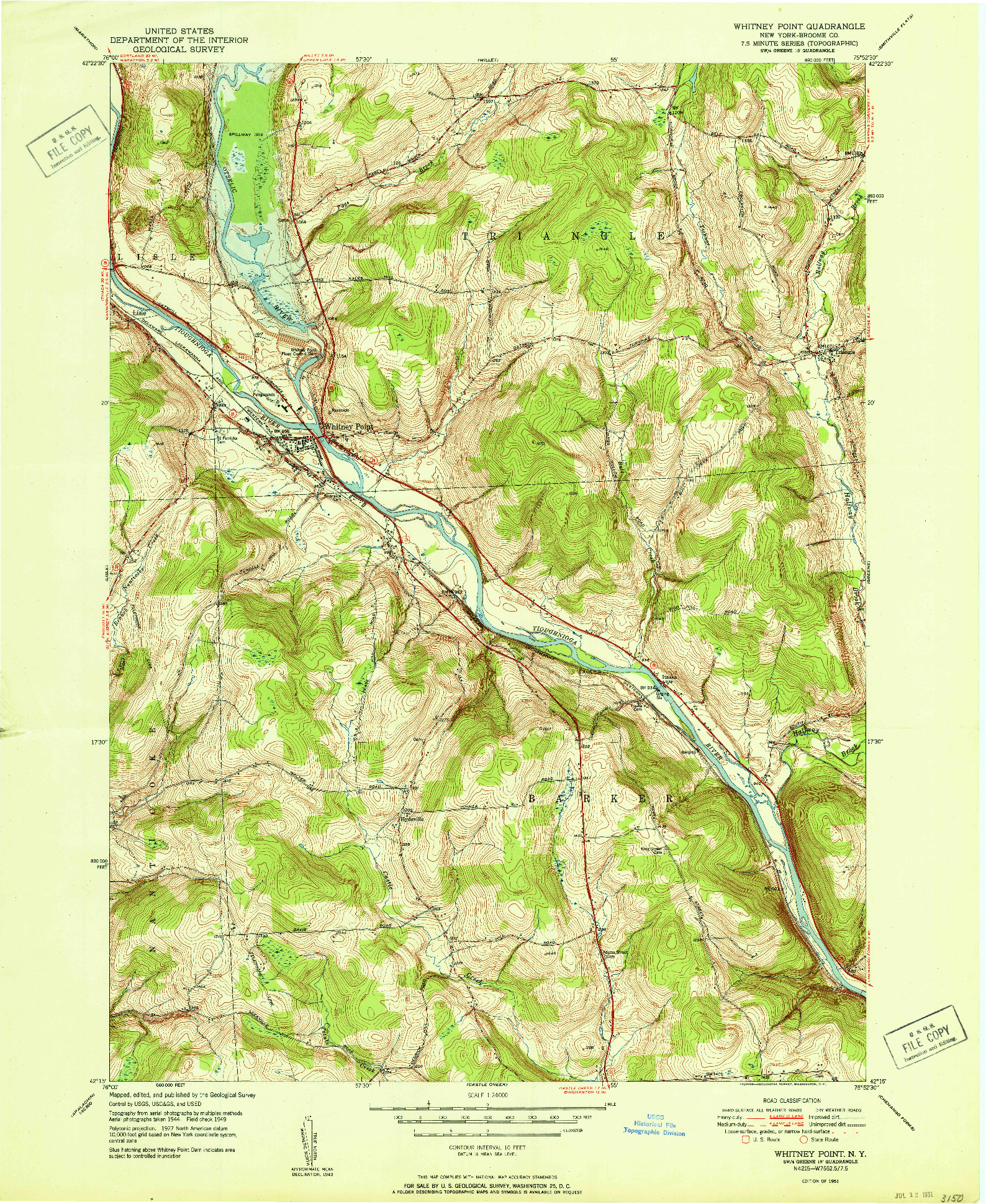 USGS 1:24000-SCALE QUADRANGLE FOR WHITNEY POINT, NY 1951