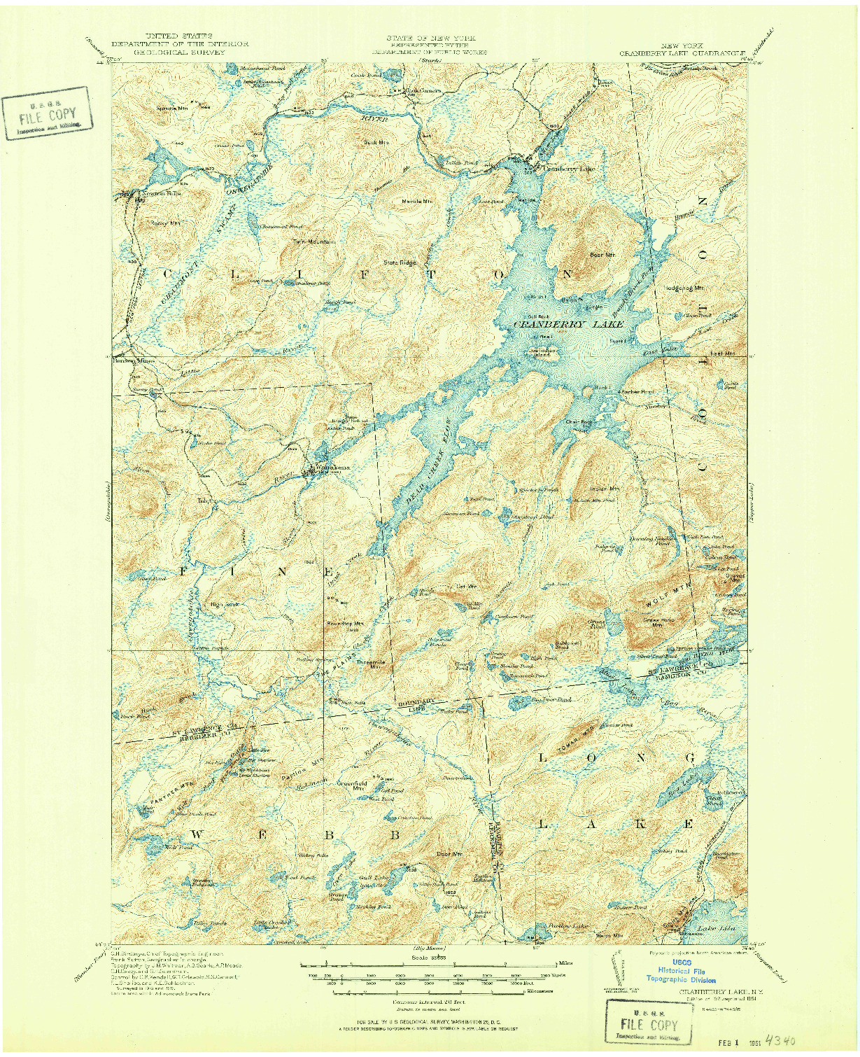 USGS 1:62500-SCALE QUADRANGLE FOR CRANBERRY LAKE, NY 1921