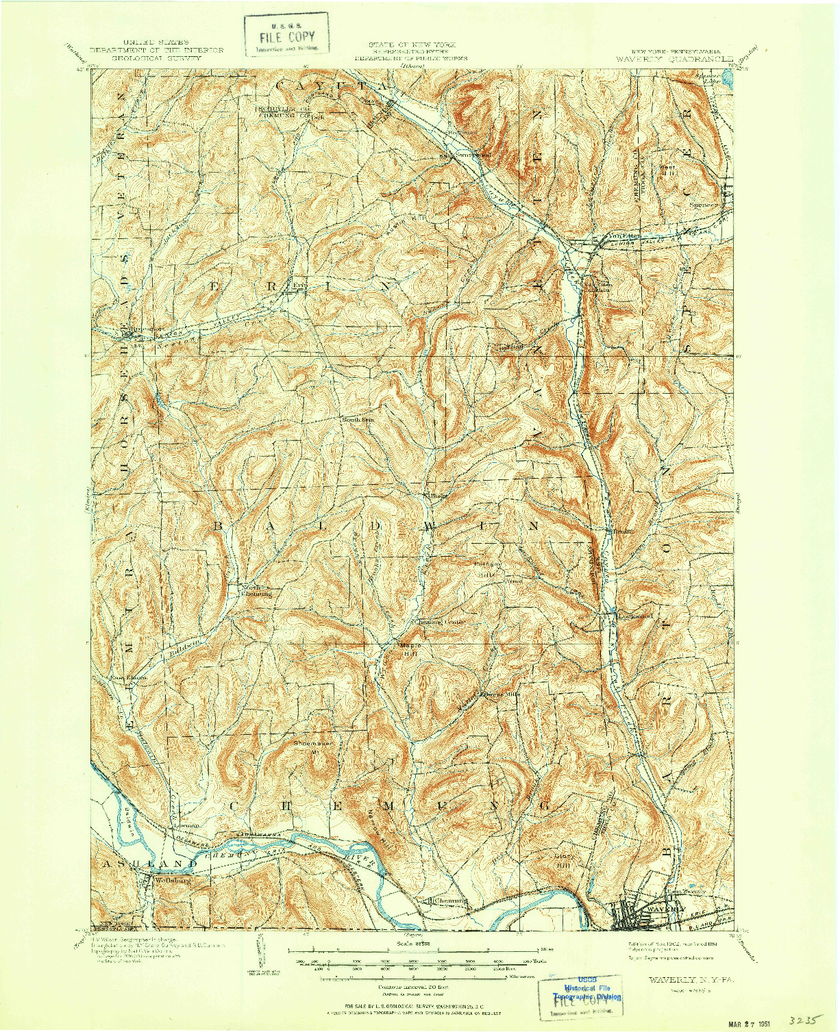 USGS 1:62500-SCALE QUADRANGLE FOR WAVERLY, NY 1902