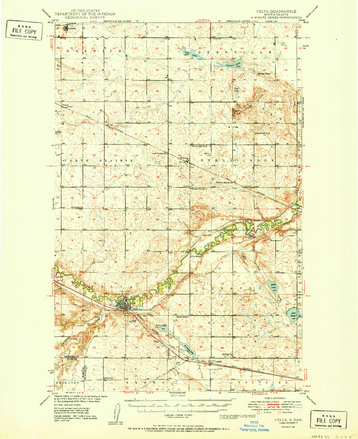 USGS 1:62500-SCALE QUADRANGLE FOR VELVA, ND 1951