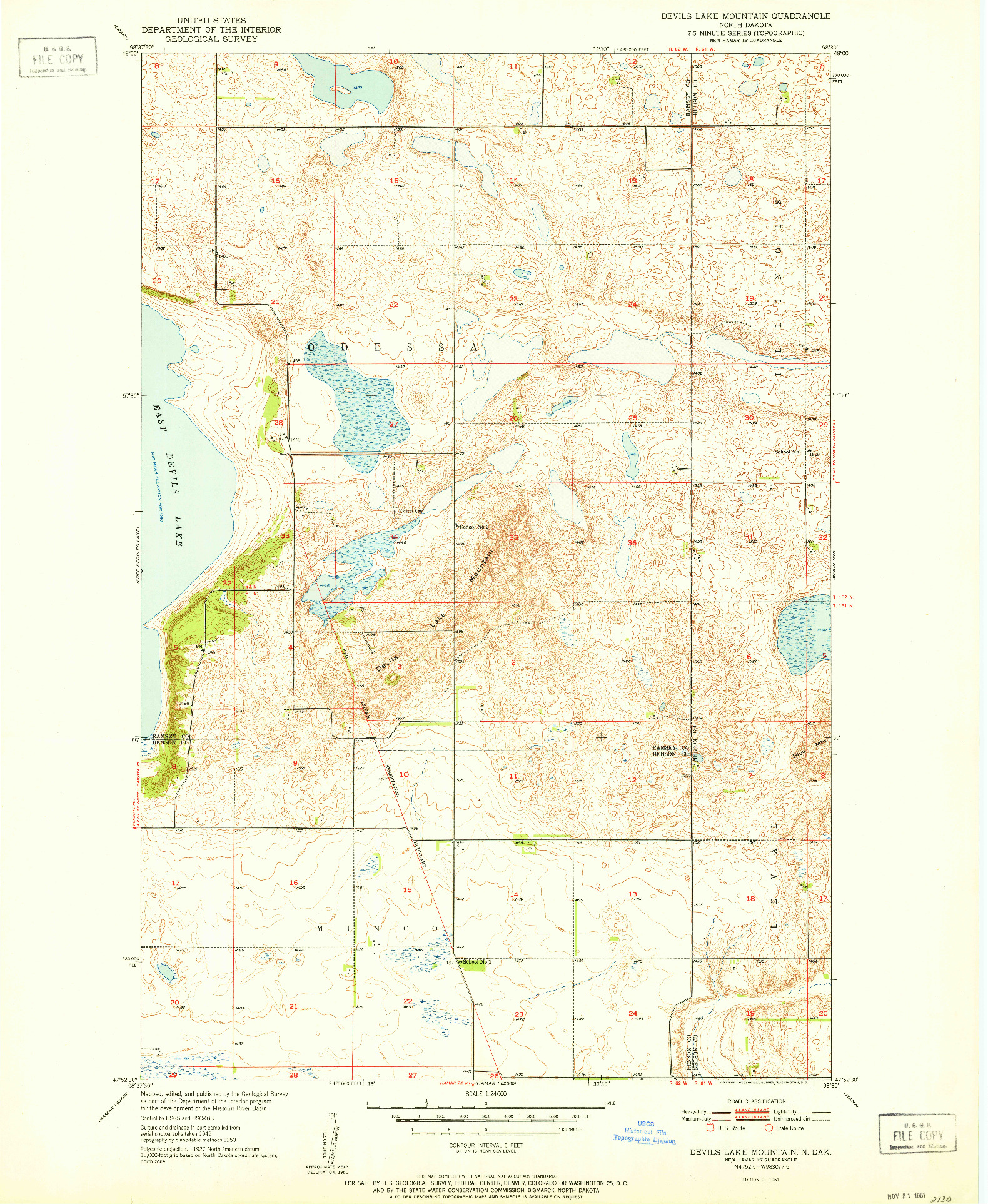 USGS 1:24000-SCALE QUADRANGLE FOR DEVILS LAKE MOUNTAIN, ND 1951