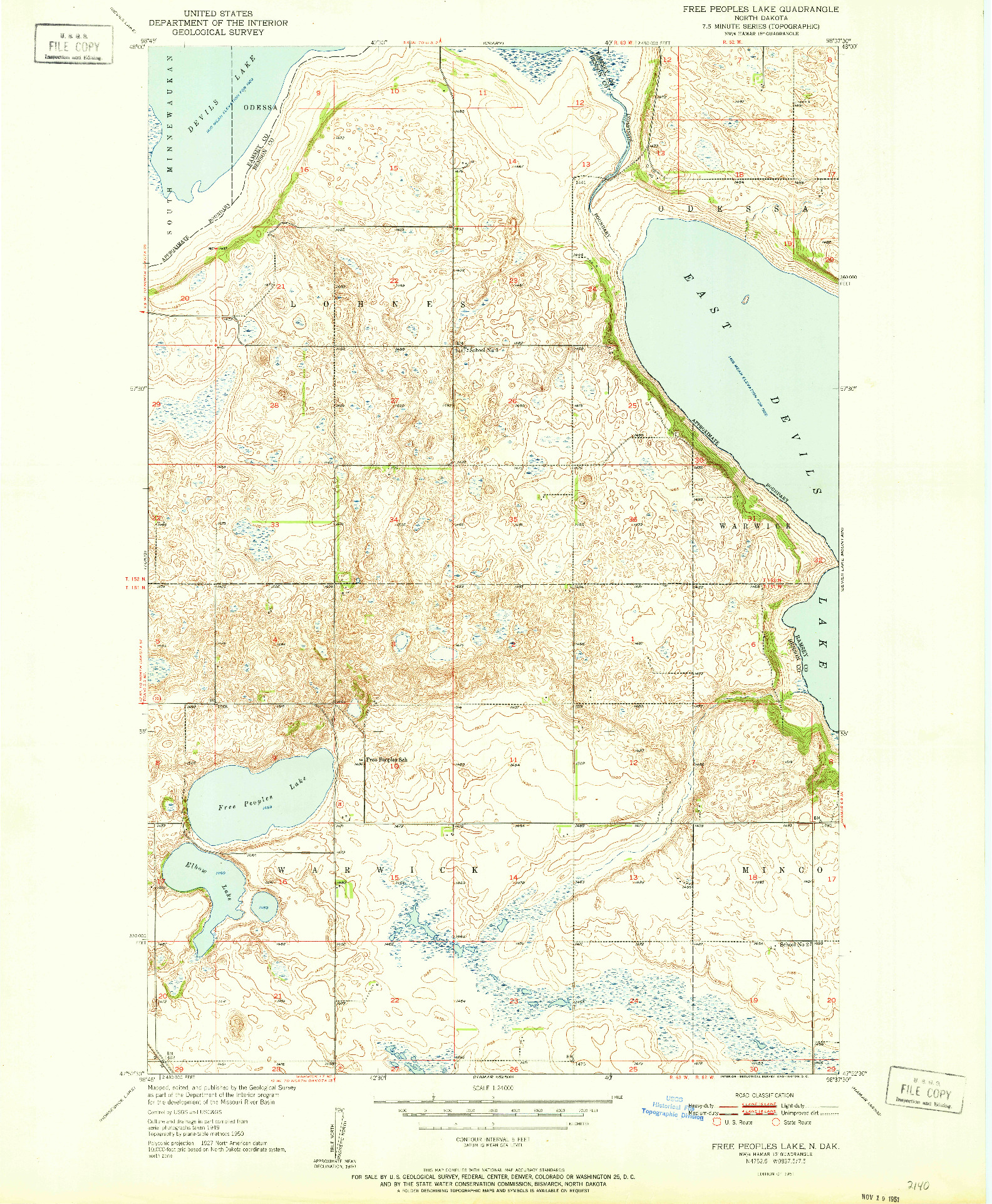 USGS 1:24000-SCALE QUADRANGLE FOR FREE PEOPLES LAKE, ND 1951