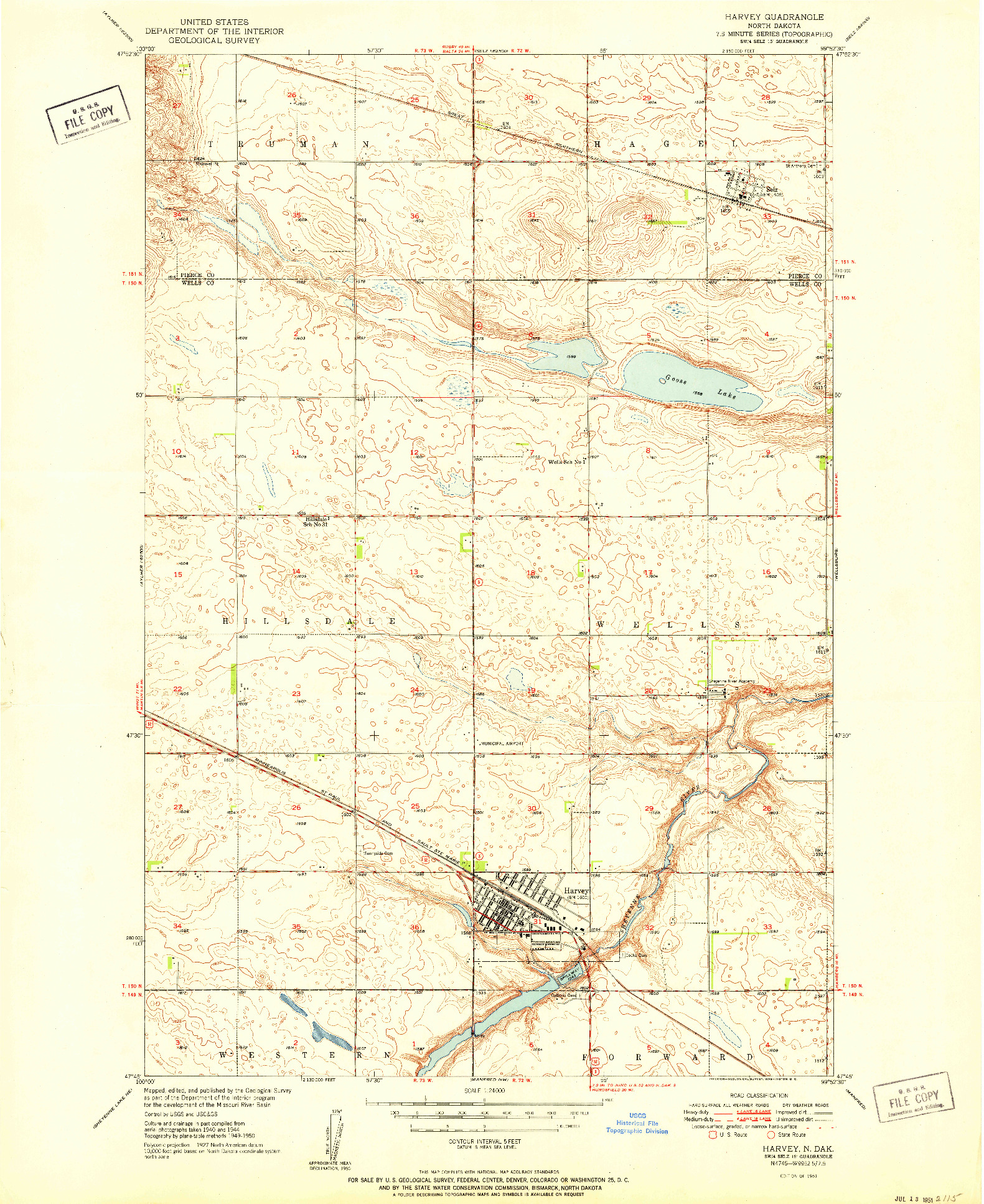 USGS 1:24000-SCALE QUADRANGLE FOR HARVEY, ND 1951