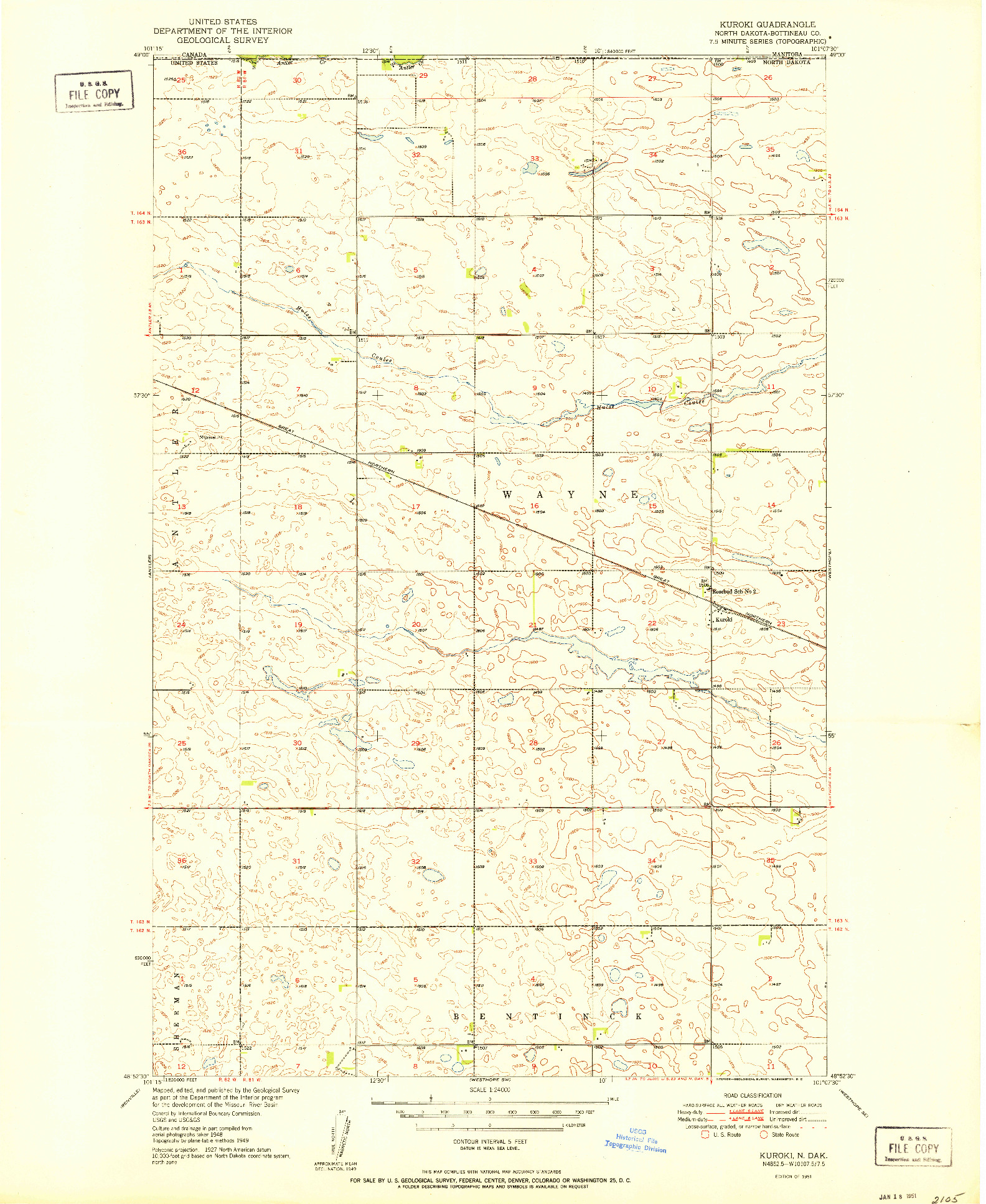 USGS 1:24000-SCALE QUADRANGLE FOR KUROKI, ND 1951