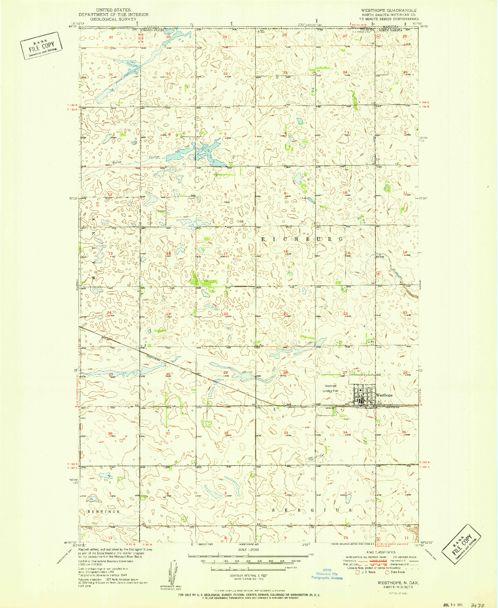 USGS 1:24000-SCALE QUADRANGLE FOR WESTHOPE, ND 1951