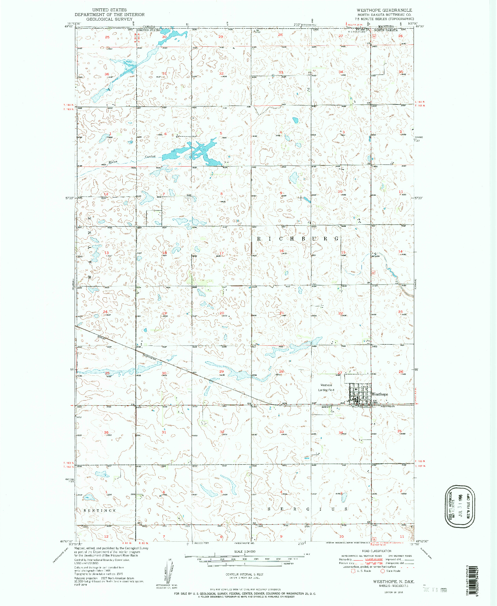 USGS 1:24000-SCALE QUADRANGLE FOR WESTHOPE, ND 1951