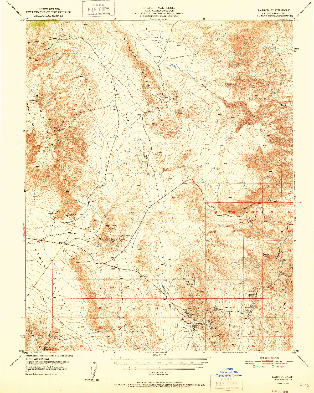 USGS 1:62500-SCALE QUADRANGLE FOR DARWIN, CA 1951
