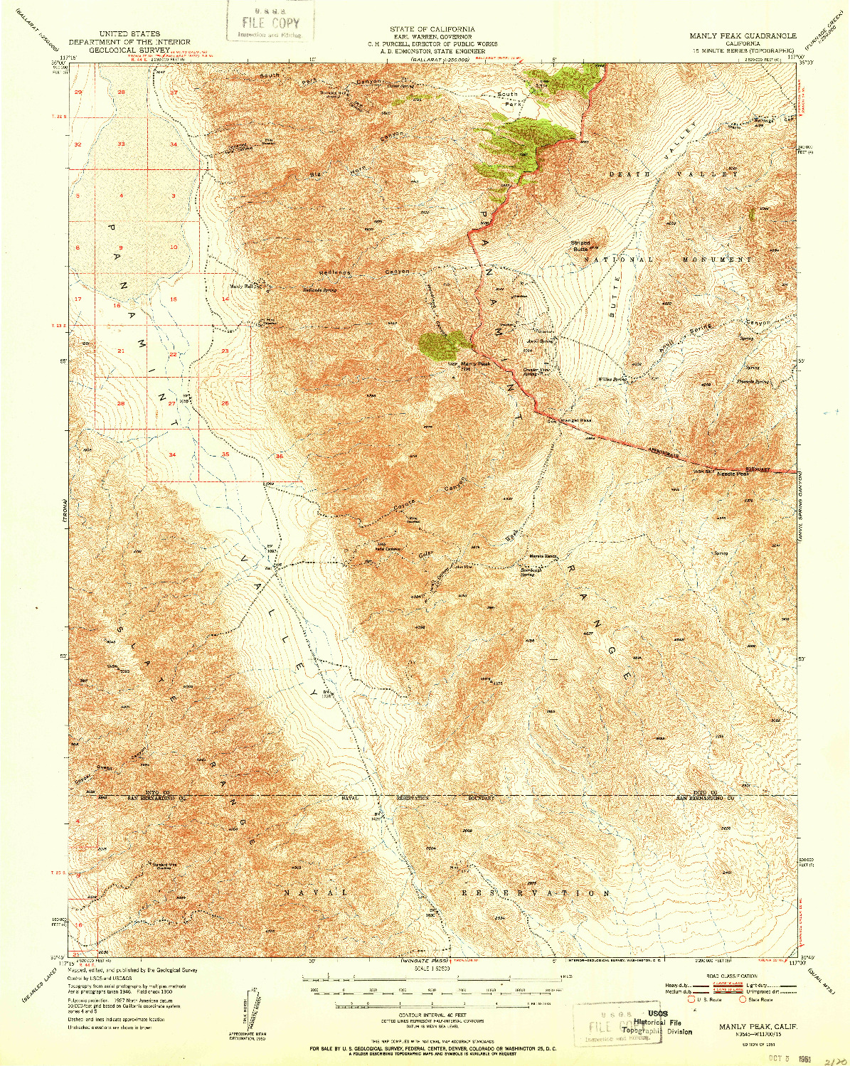 USGS 1:62500-SCALE QUADRANGLE FOR MANLY PEAK, CA 1951