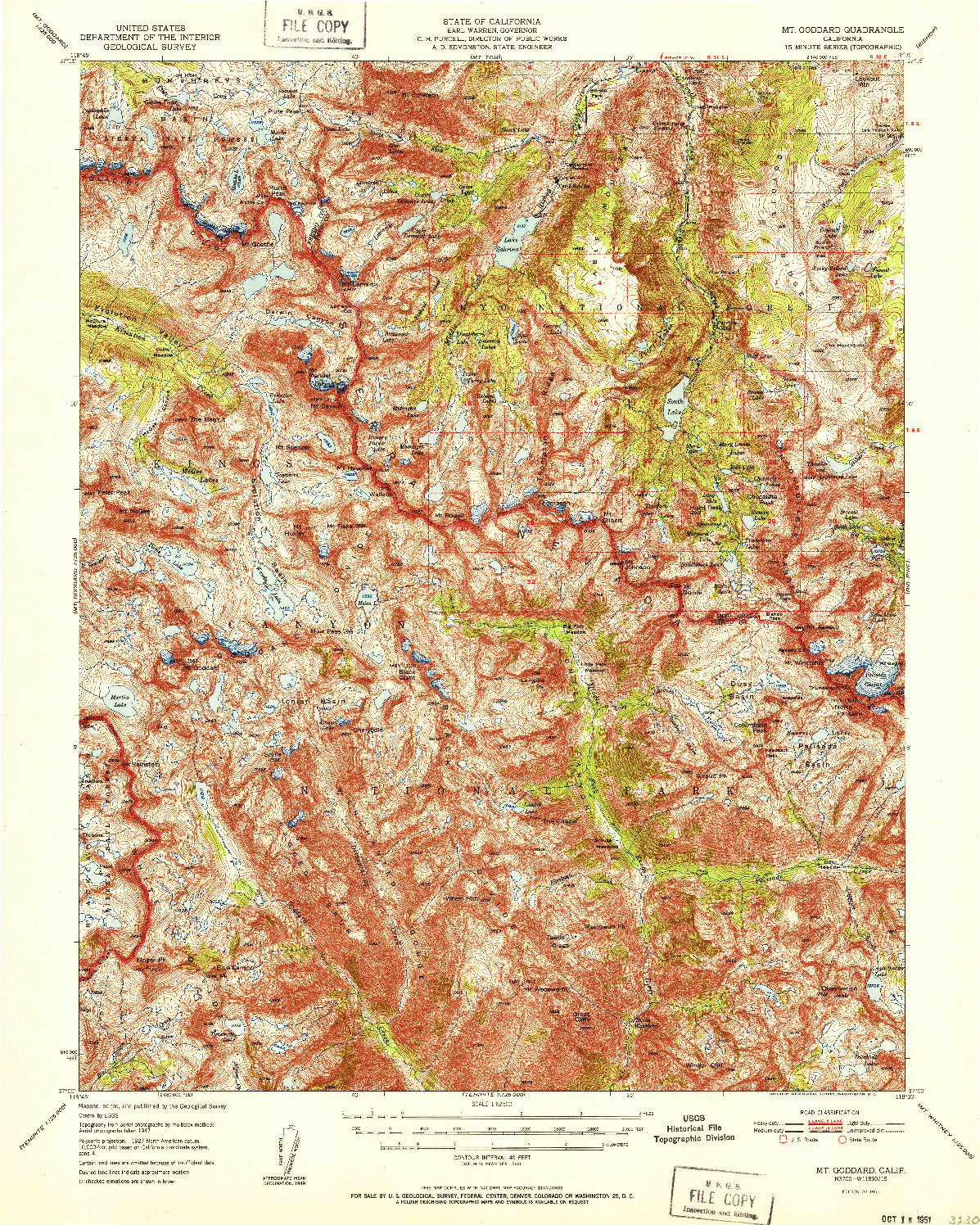 USGS 1:62500-SCALE QUADRANGLE FOR MT. GODDARD, CA 1951