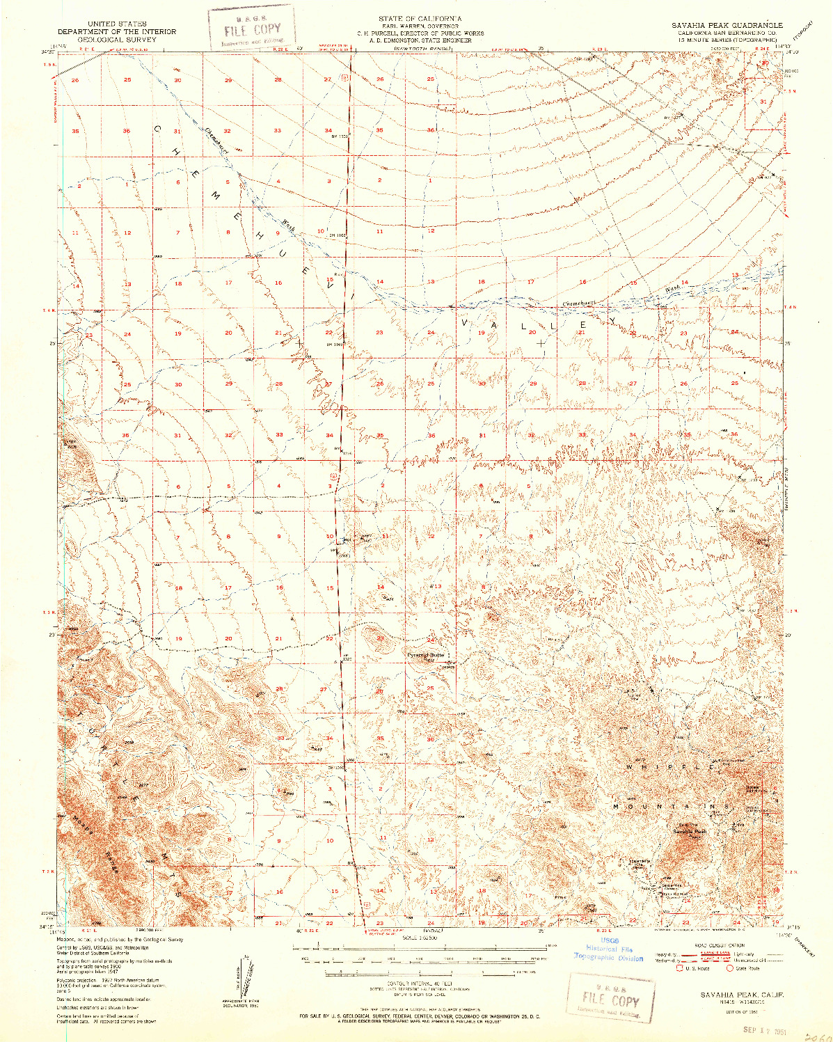 USGS 1:62500-SCALE QUADRANGLE FOR SAVAHIA PEAK, CA 1951