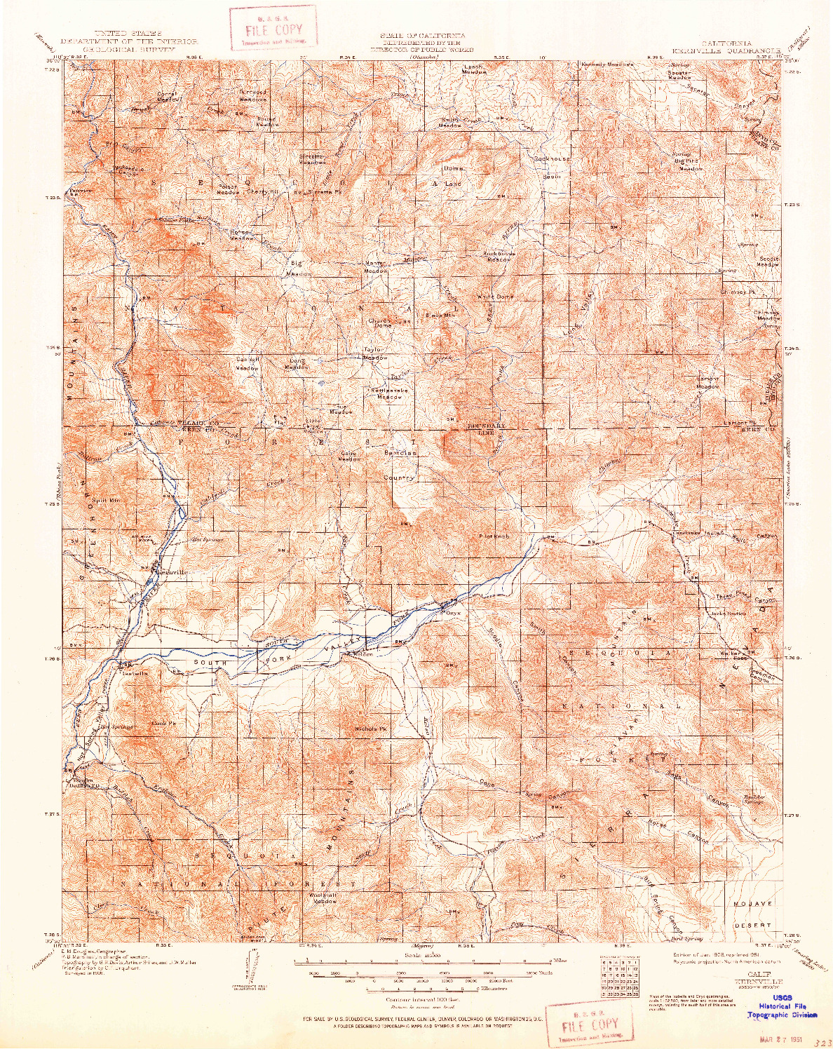 USGS 1:125000-SCALE QUADRANGLE FOR KERNVILLE, CA 1908