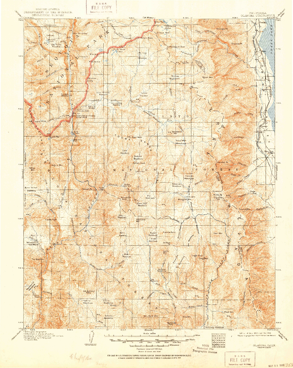 USGS 1:125000-SCALE QUADRANGLE FOR OLANCHA, CA 1907